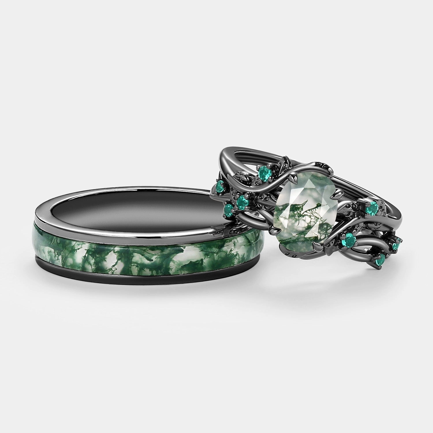 Nature Inspired - Oval Cut Moss Agate Leafy Black Gold Couple Ring Set 3pcs - Mossy Style Ready Traditional Emblem