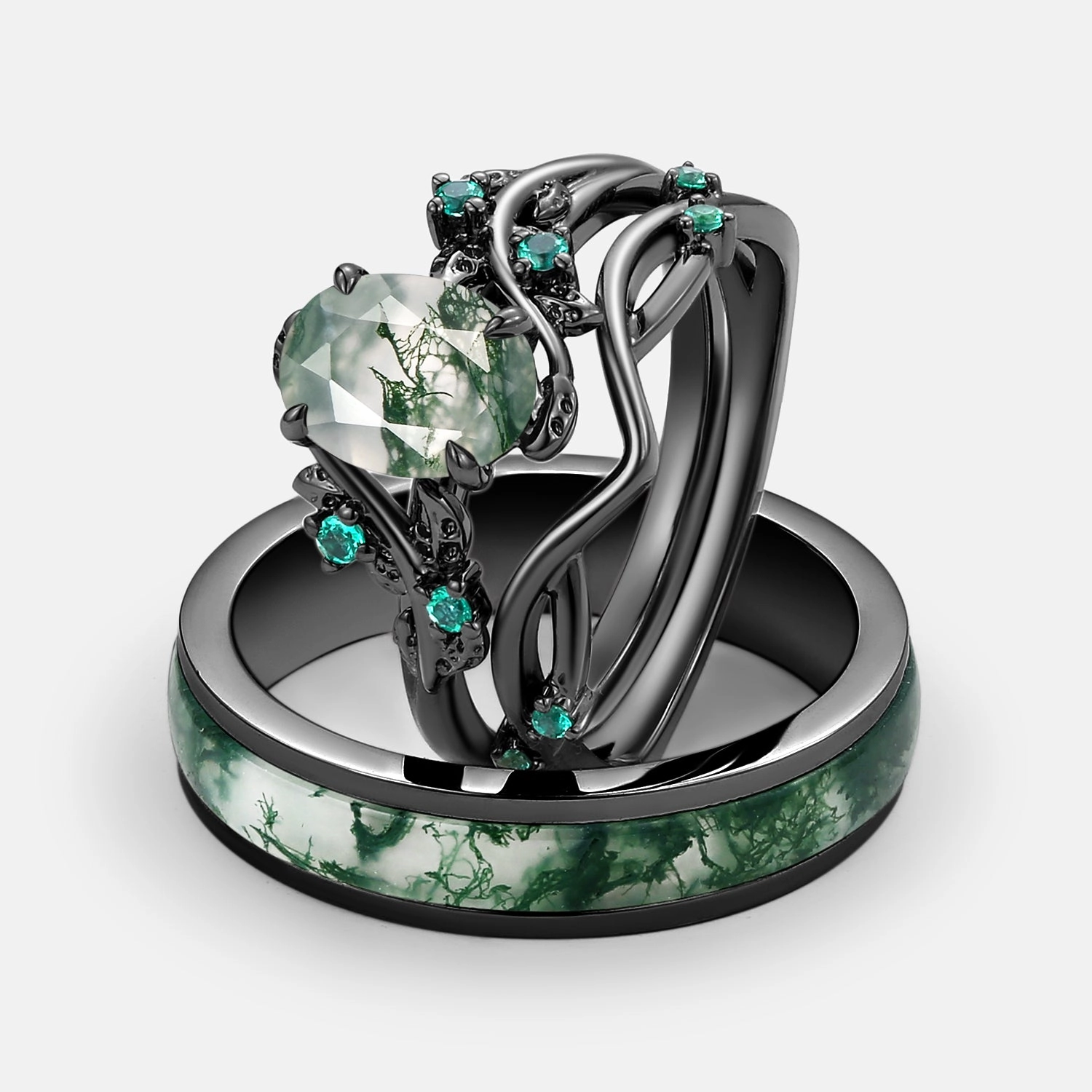 Durable Style Minimalist Piece Nature Inspired - Oval Cut Moss Agate Leafy Black Gold Couple Ring Set 3pcs - Mossy