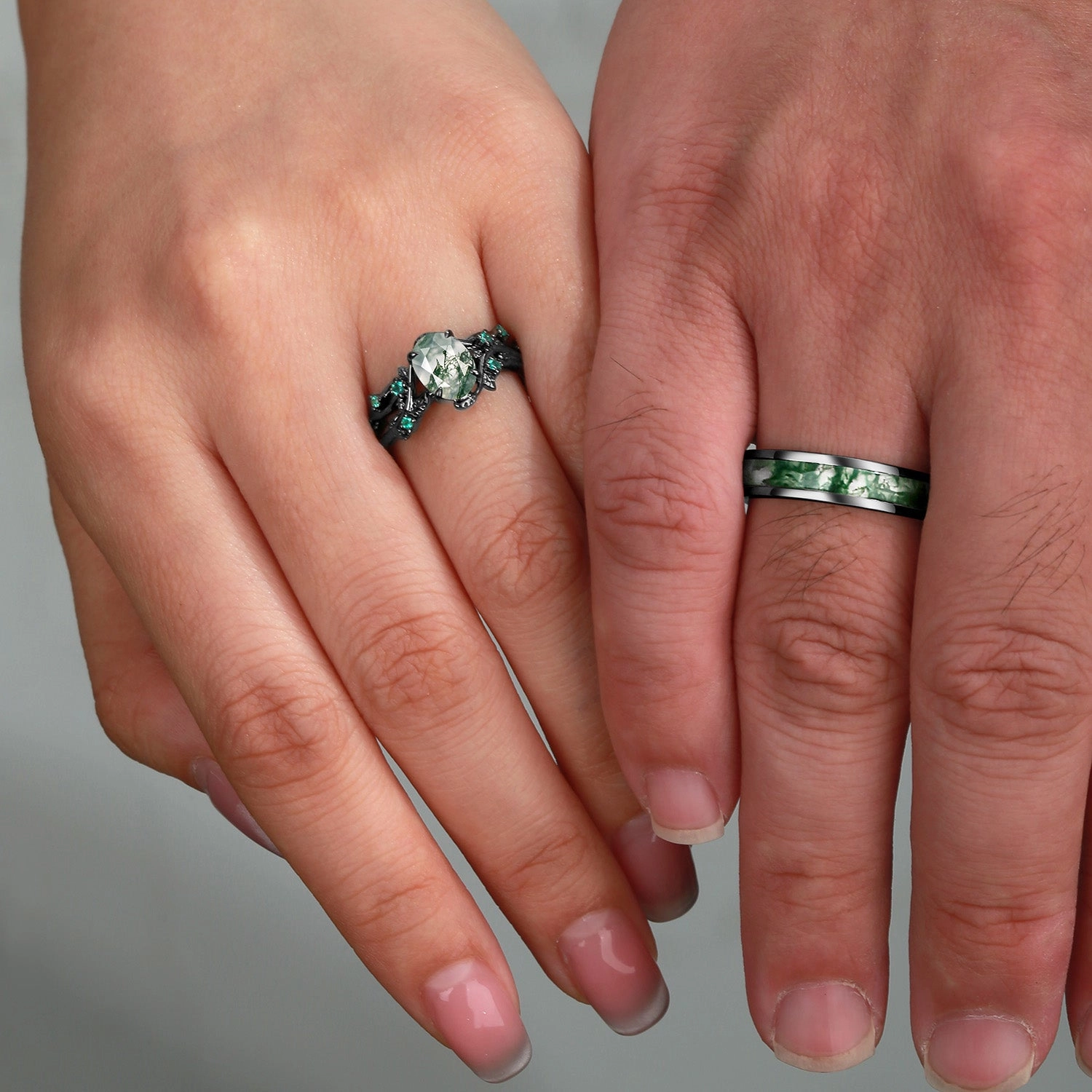Modern Detail Nature Inspired - Oval Cut Moss Agate Leafy Black Gold Couple Ring Set 3pcs - Mossy