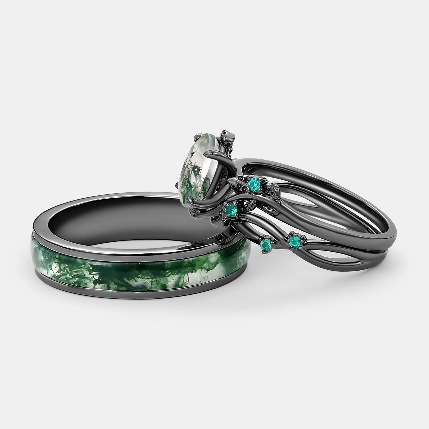 Nature Inspired - Oval Cut Moss Agate Leafy Black Gold Couple Ring Set 3pcs - Mossy Meaningful Appearance