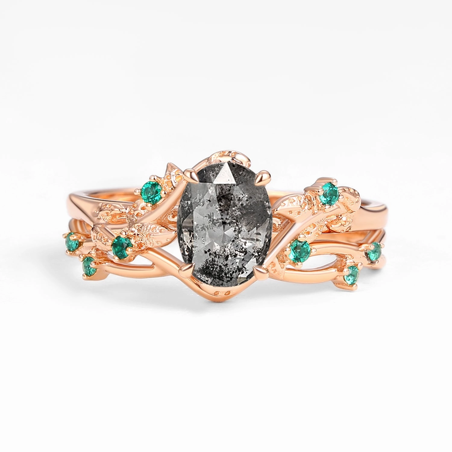 Classic Appeal Stylish Style Nature Inspired - Oval Cut Salt and Pepper Diamonds Gold Ring Set 2pcs - Mossy