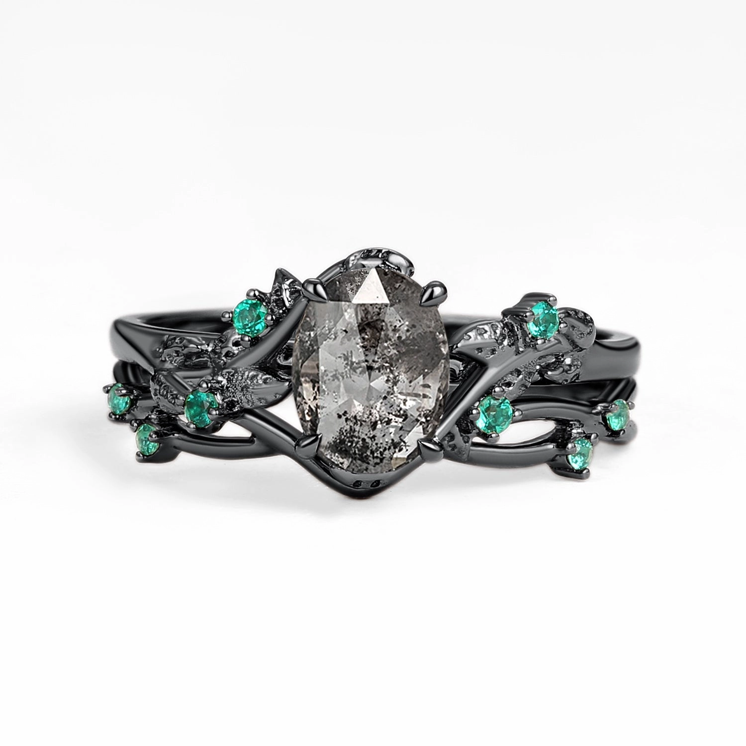 Textile Shine Shine Piece Nature Inspired - Oval Cut Salt and Pepper Diamonds Gold Ring Set 2pcs - Mossy