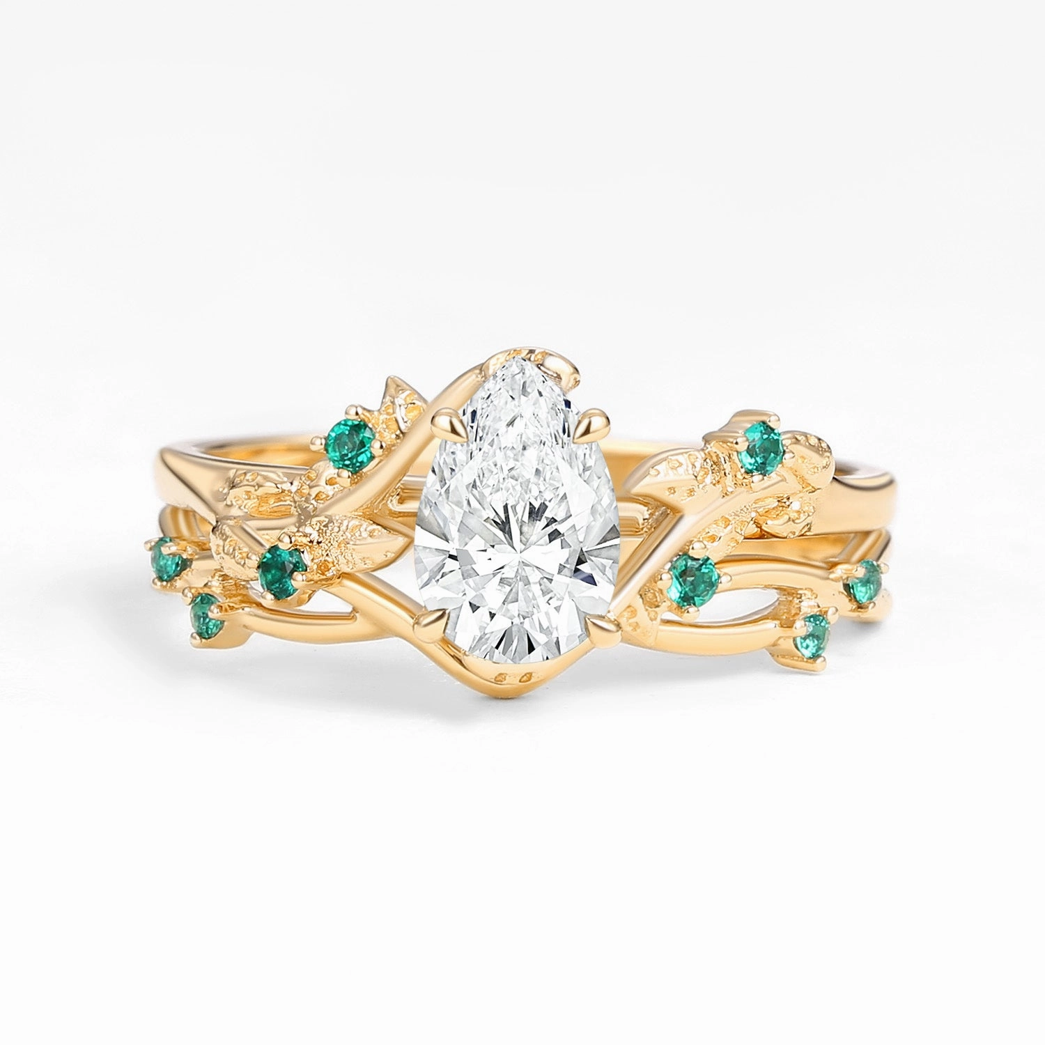 Nature Inspired - Pear Shaped Lab Grown Diamond & Lab Emerald Ring Set 2pcs - Mossy Size inclusive