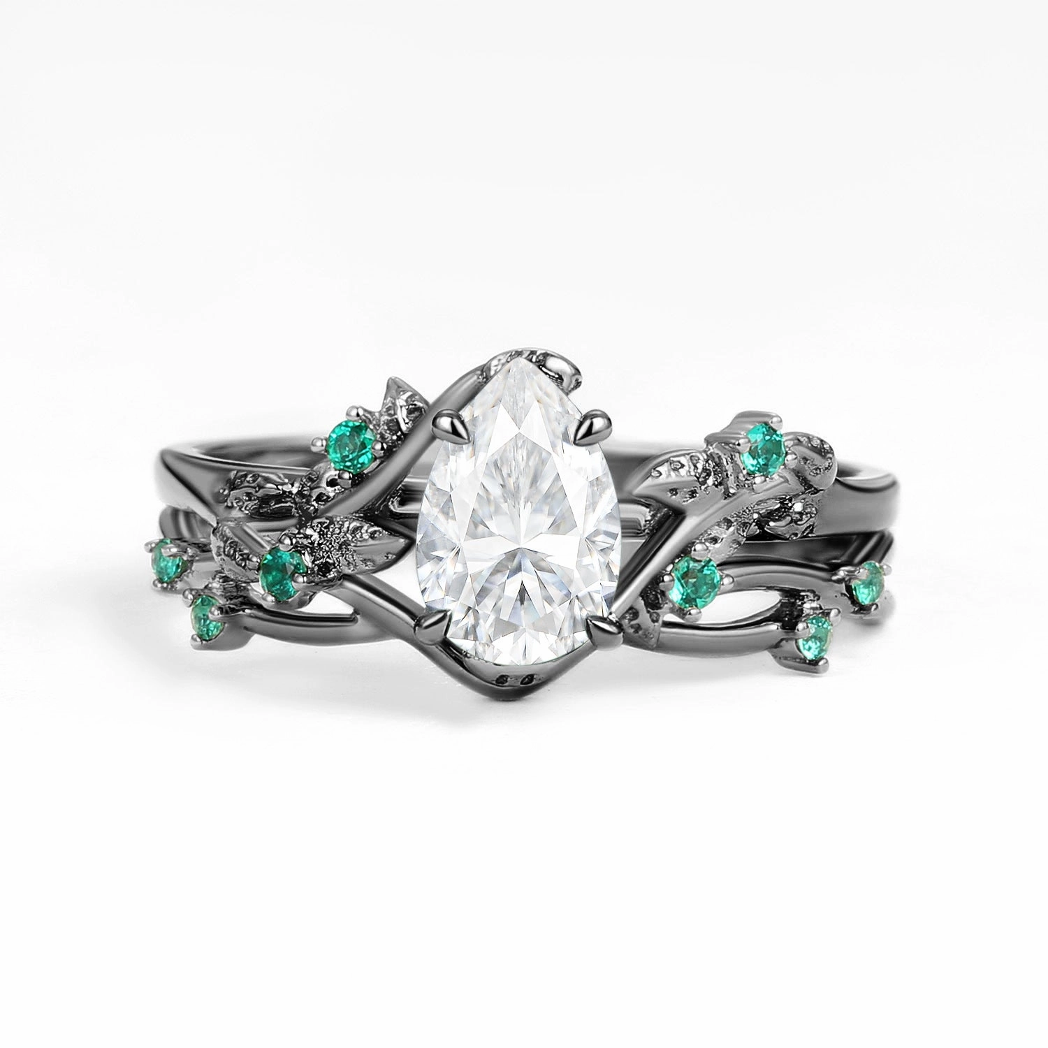 Nature Inspired - Pear Shaped Moss Agate Leafy Ring Set 2pcs - Mossy Flawless Accent Opulent Look