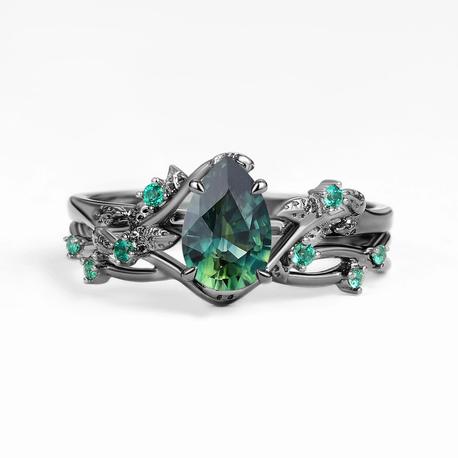 All ages Nature Inspired - Pear Shaped Moss Agate Leafy Ring Set 2pcs - Mossy