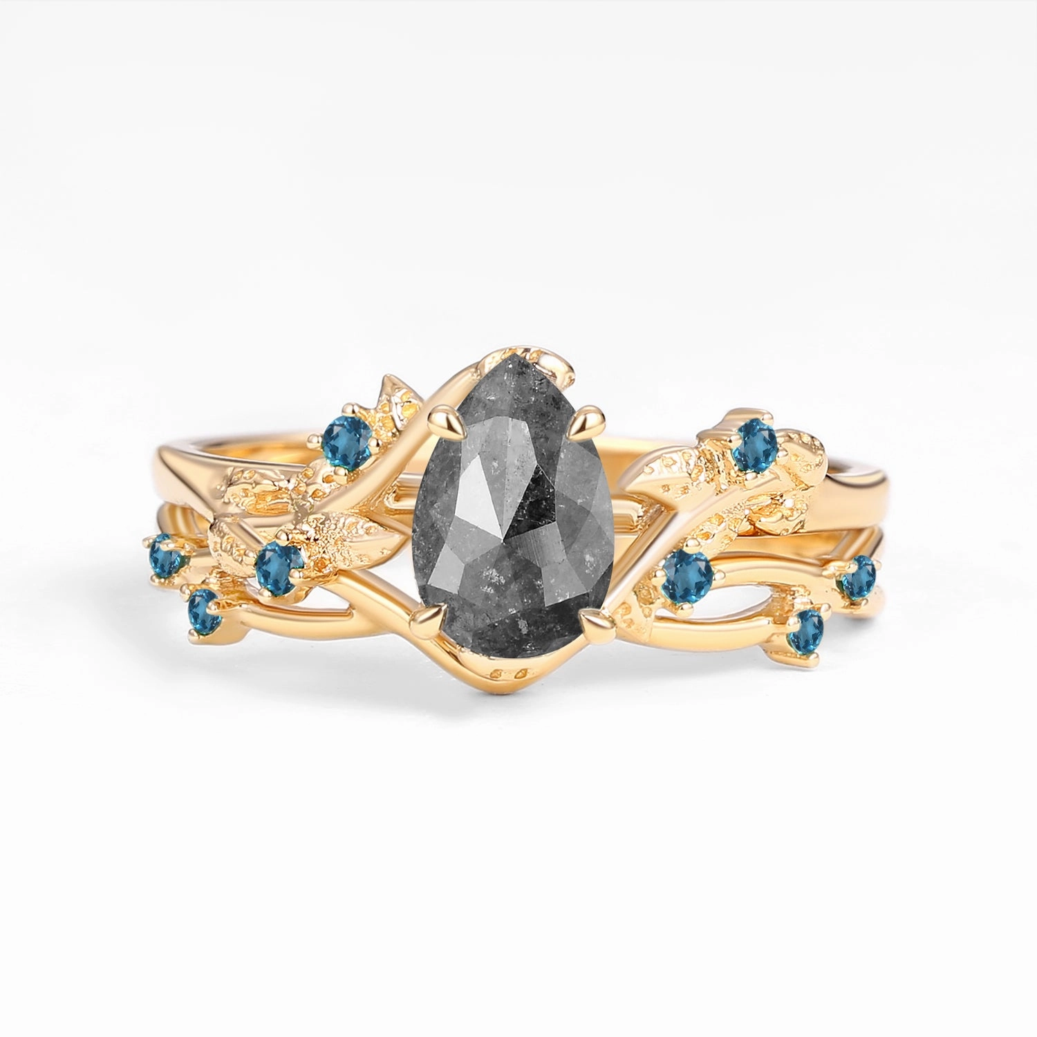 Nature Inspired - Pear Shaped Salt and Pepper Diamond Leafy Ring Set 2pcs - Mossy Creative Accent Fine Expression