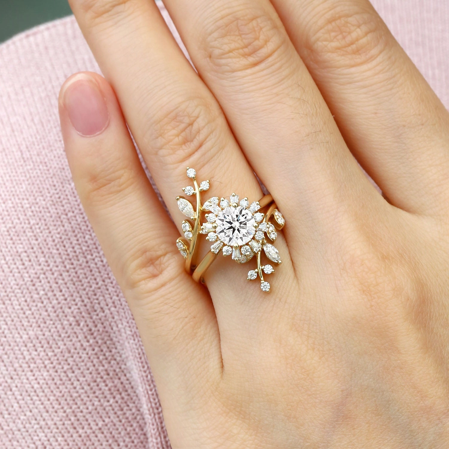 Nature Inspired - Round Moissanite Halo Floral & Leafy Ring Set 2pcs - Rose Knight Custom Shine Design