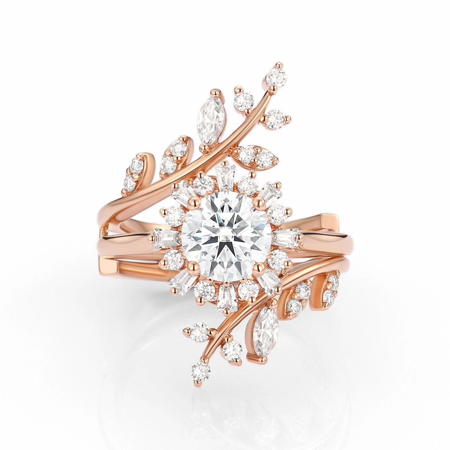 Nature Inspired - Round Moissanite Halo Floral & Leafy Ring Set 2pcs - Rose Knight Alluring Edge