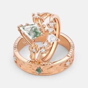 Simple Insignia Nature Inspired - Unique Kite Cut Moss Agate Leafy Couple Ring Set 3pcs - Willow
