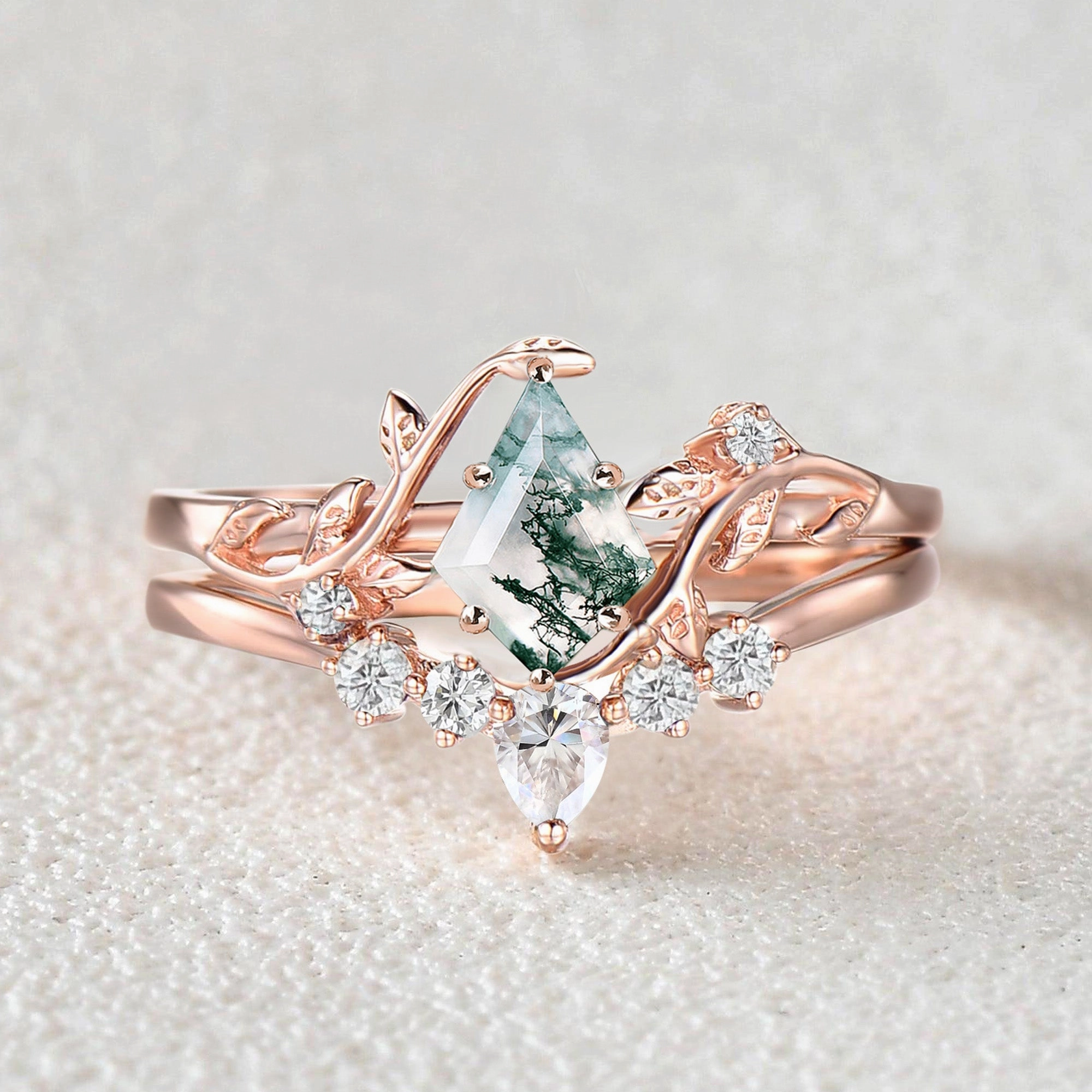 Nature Inspired - Unique Kite Cut Moss Agate Leafy Couple Ring Set 3pcs - Willow Graceful Beauty