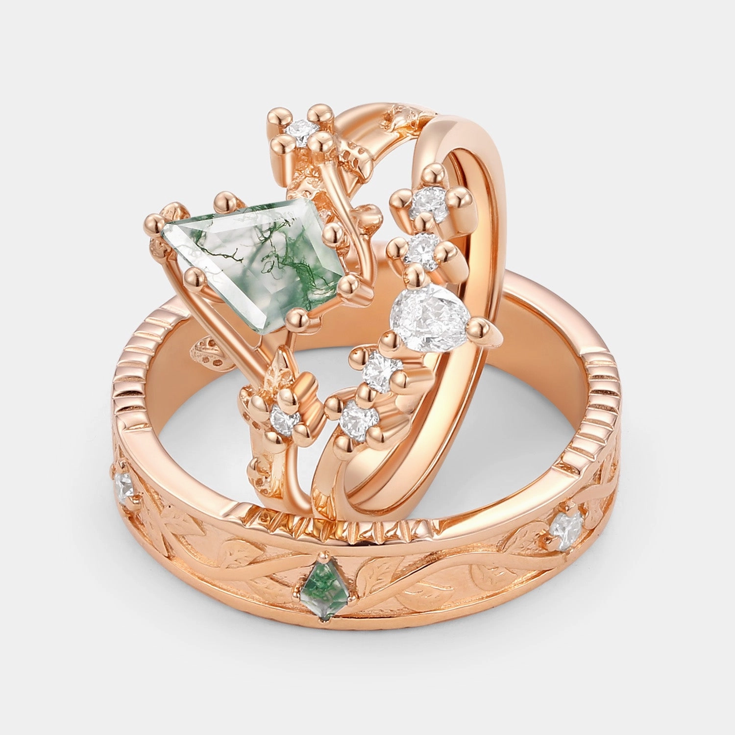 Nature Inspired - Unique Kite Cut Moss Agate Leafy Couple Ring Set 3pcs - Willow Work Friendly Stylish Highlight