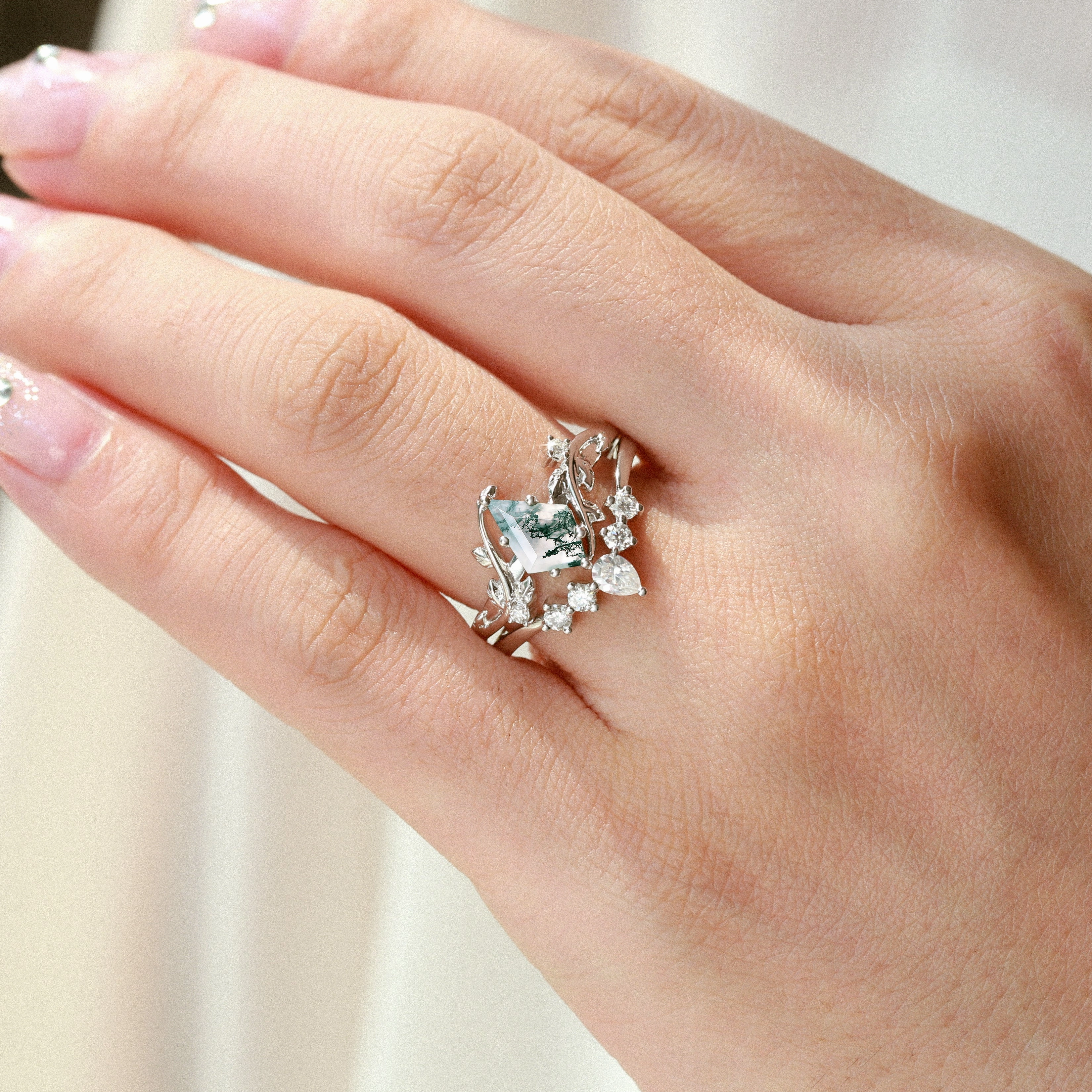 Gift Ready Meaningful Gift Nature Inspired - Unique Kite Cut Moss Agate Leafy Couple Ring Set 3pcs - Willow