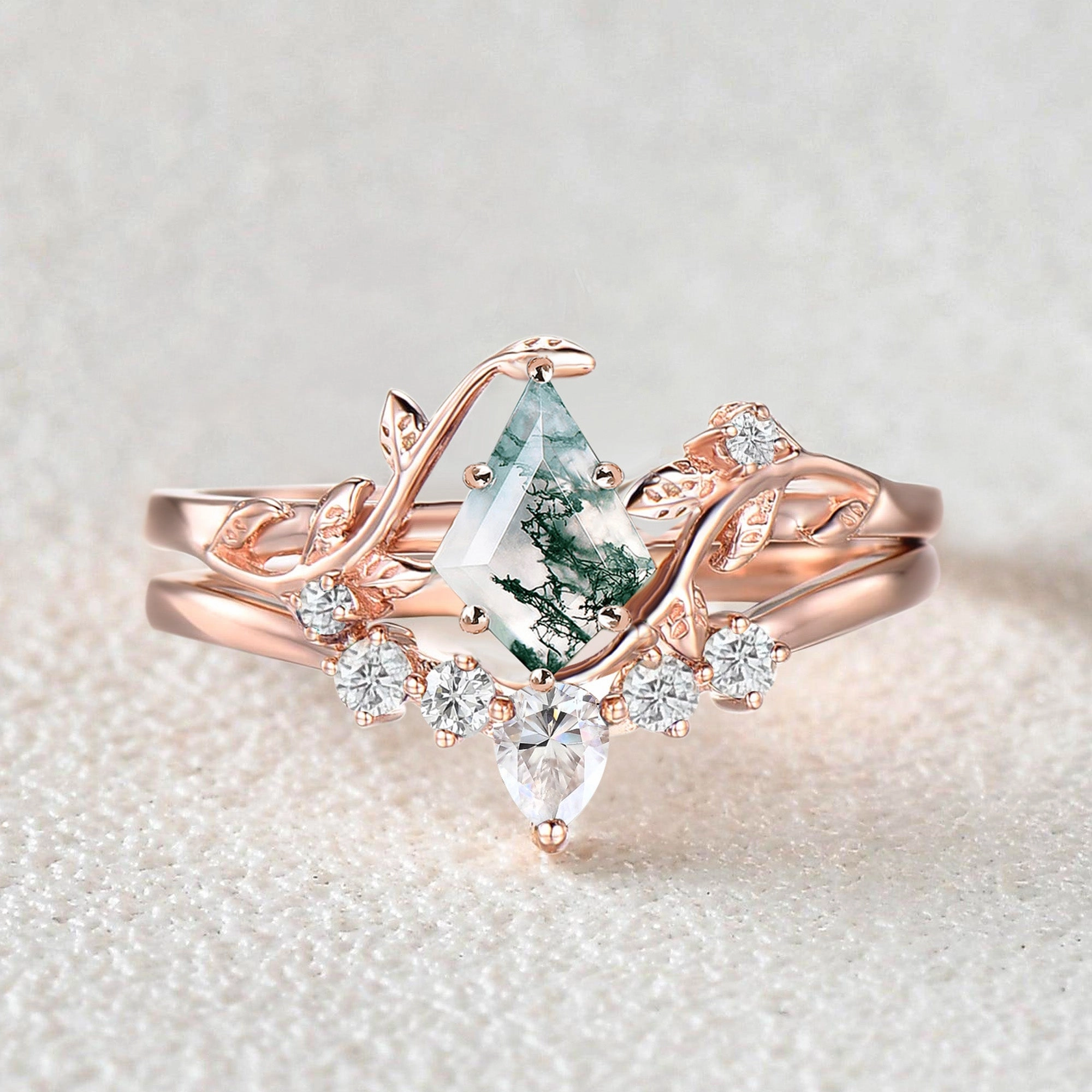 Shiny Piece Nature Inspired - Unique Kite Cut Moss Agate Leafy Couple Ring Set 3pcs - Willow