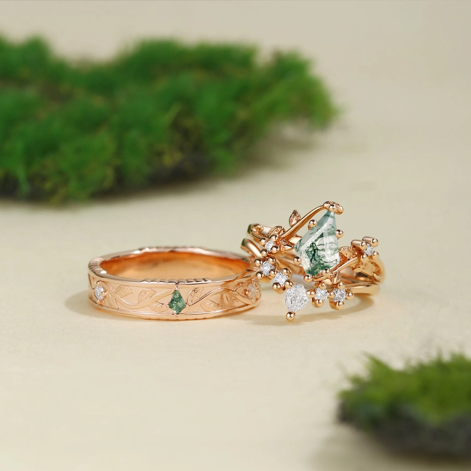 Effortless Layer Nature Inspired - Unique Kite Cut Moss Agate Leafy Couple Ring Set 3pcs - Willow