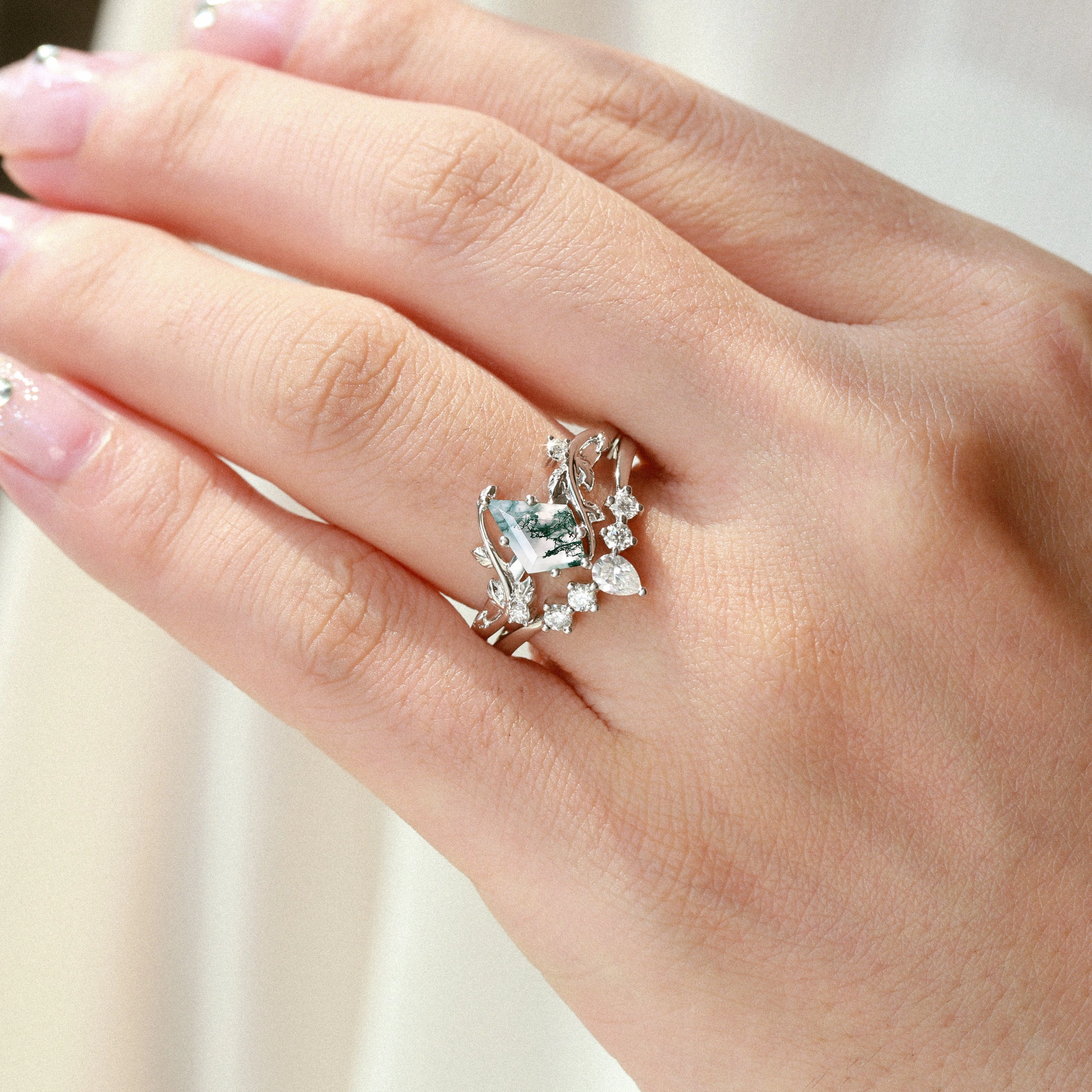 Nature Inspired - Unique Kite Cut Moss Agate Leafy Couple Ring Set 3pcs - Willow Future Use