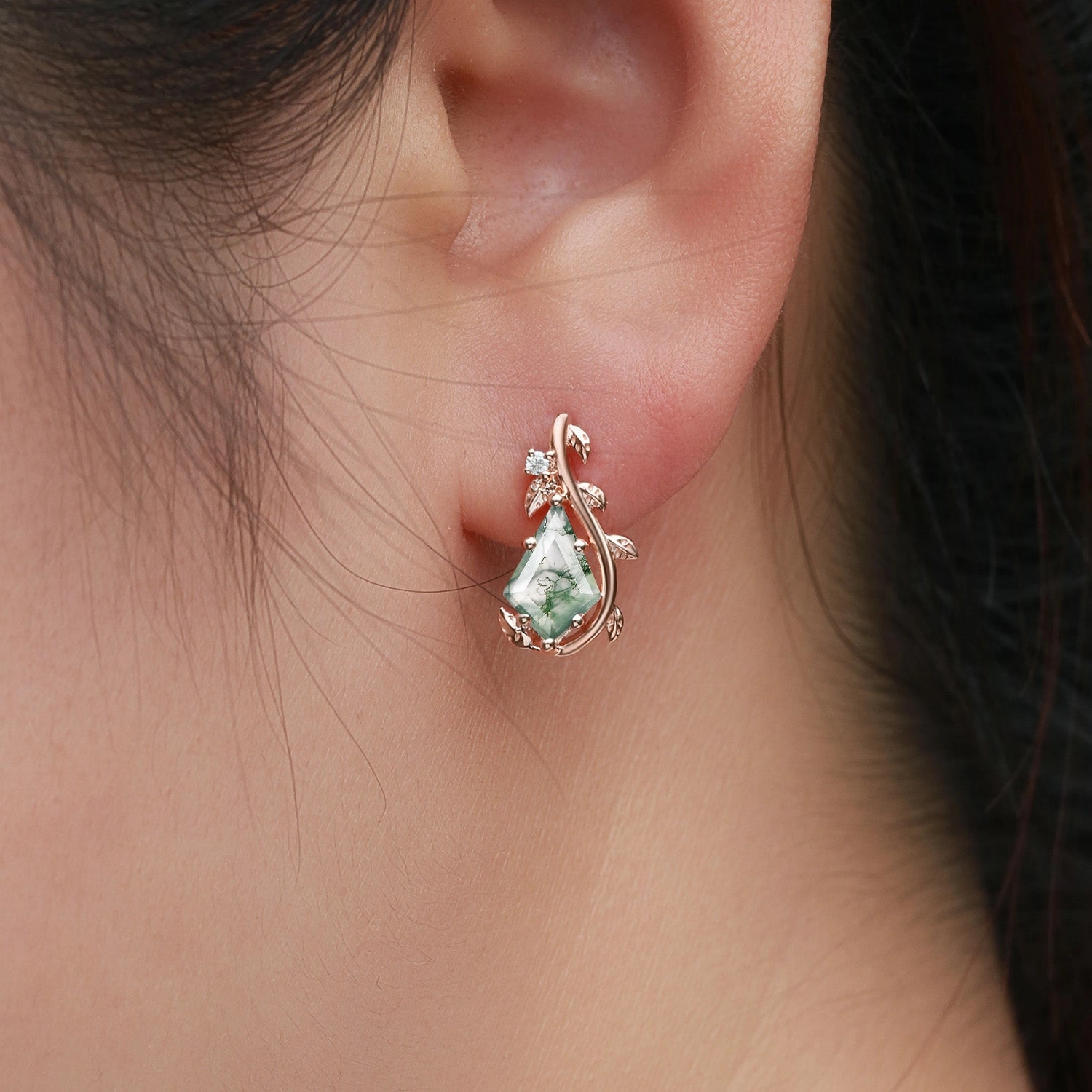 Nature Inspired - Unique Kite Cut Moss Agate Leafy Ring & Necklace & Earrings Sets 5PCS - Willow Jewelry Sets Lovely Appearance