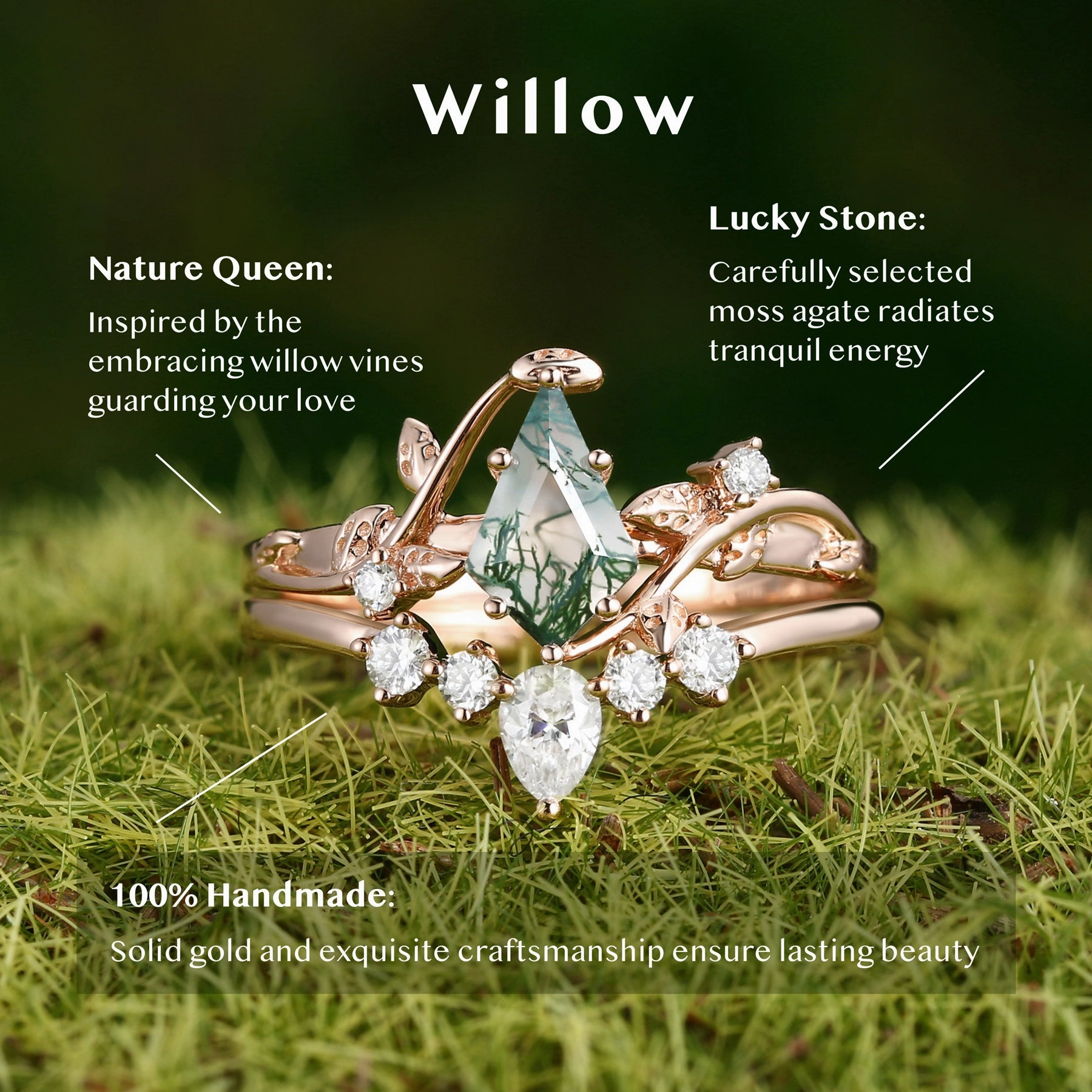 Nature Inspired - Unique Kite Cut Moss Agate Leafy Ring & Necklace & Earrings Sets 5PCS - Willow Jewelry Sets Unique Expression Simple Texture