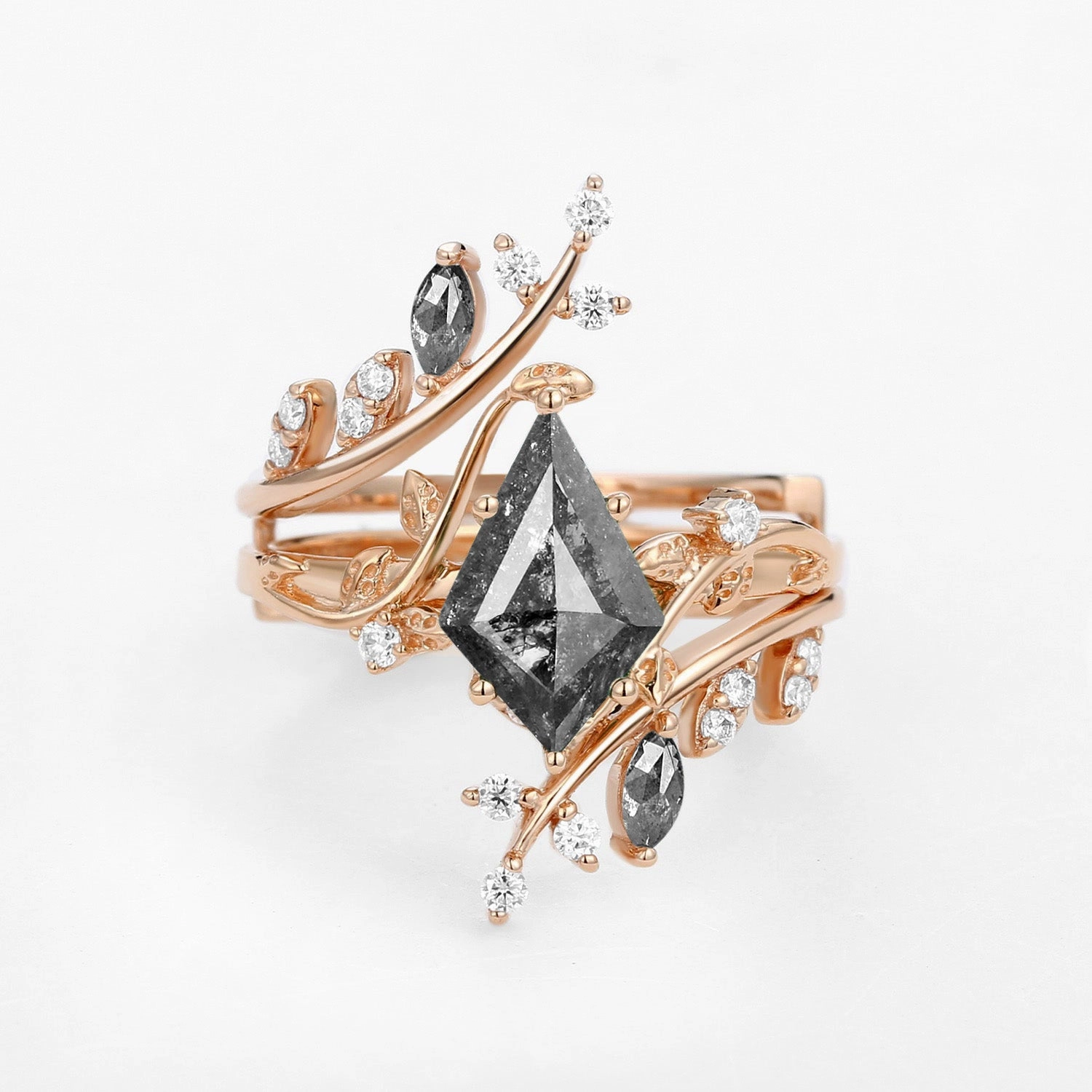 Nature Inspired - Unique Kite Salt and Pepper Diamonds Cage Leafy Ring 2pcs - Knight Minimalist Symbol Lovely Design