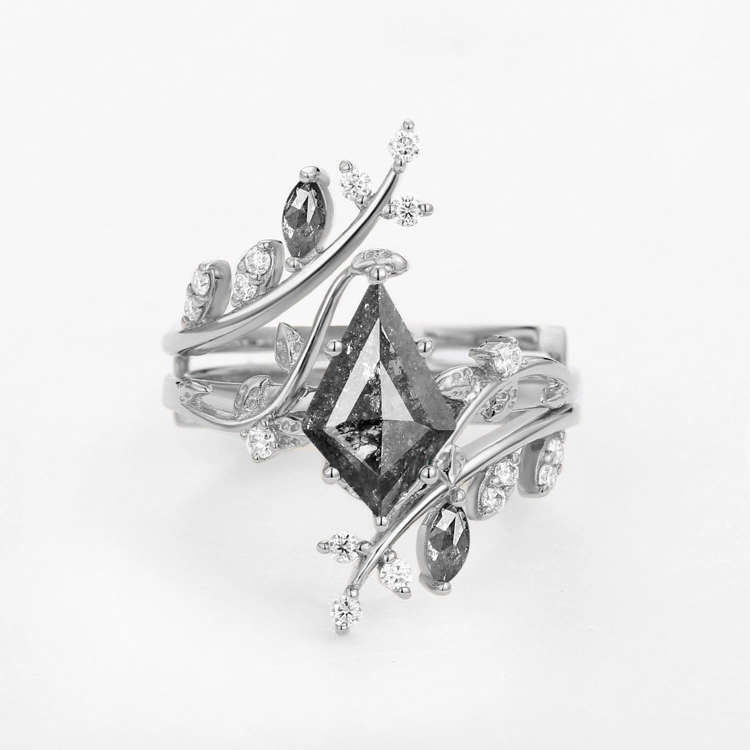 Nature Inspired - Unique Kite Salt and Pepper Diamonds Cage Leafy Ring 2pcs - Knight Radiant Surface Fashion pieces