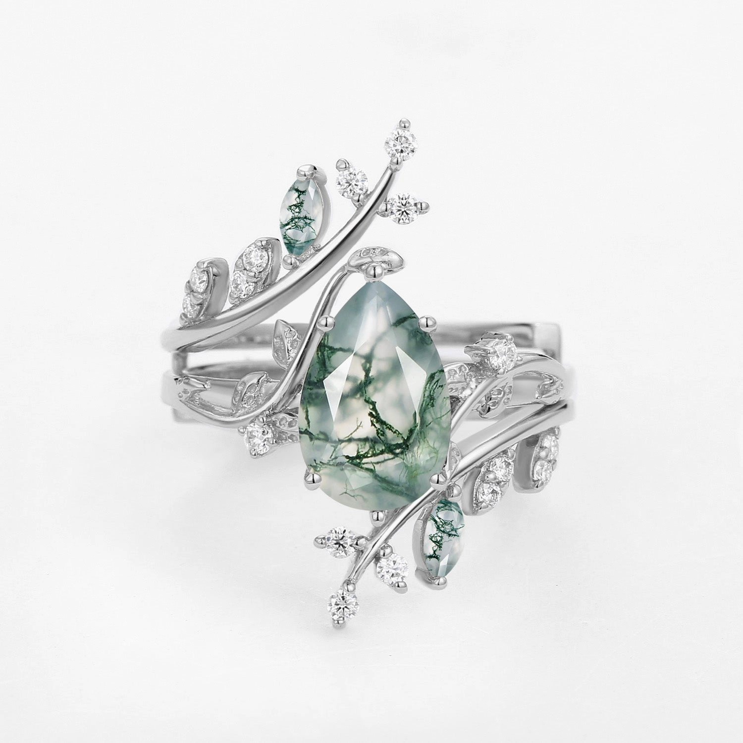 Nature Inspired - Unique Pear Cut Moss Agate Cage Leafy Ring 2pcs - Knight Fall Vibes