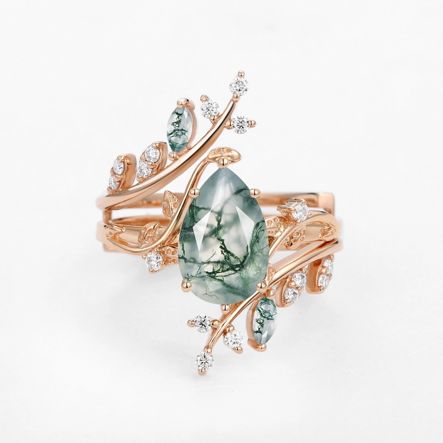 Nature Inspired - Unique Pear Cut Moss Agate Cage Leafy Ring 2pcs - Knight Stylish Element