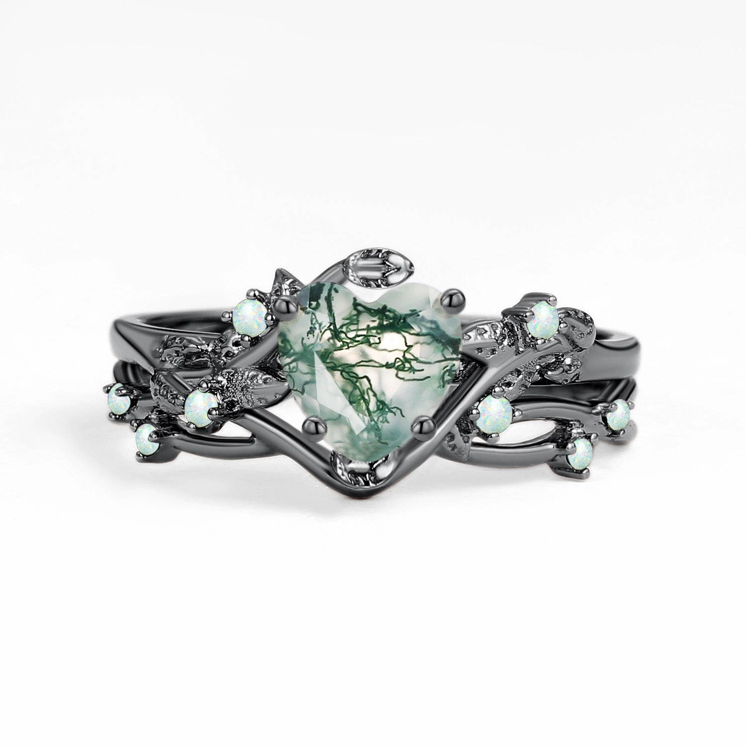 Graceful Balance Designer Piece Nature Inspired Heart Shaped Moss Agate Leafy Ring Set 2pcs - Mossy