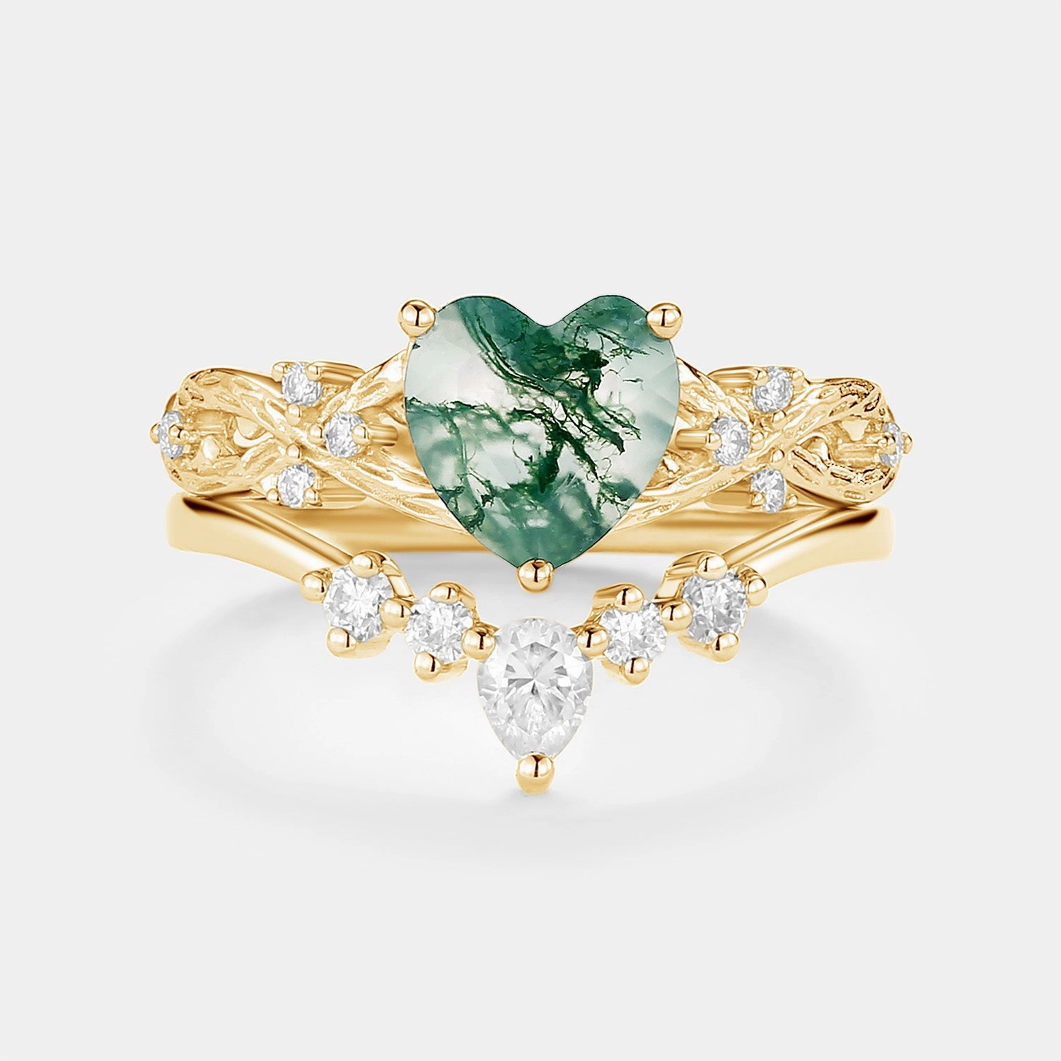 Nature Inspired Infinity Heart Shaped Moss Agate Leafy Ring Set 2pcs - Midge Sophisticated Shine Pieces Chic Mood