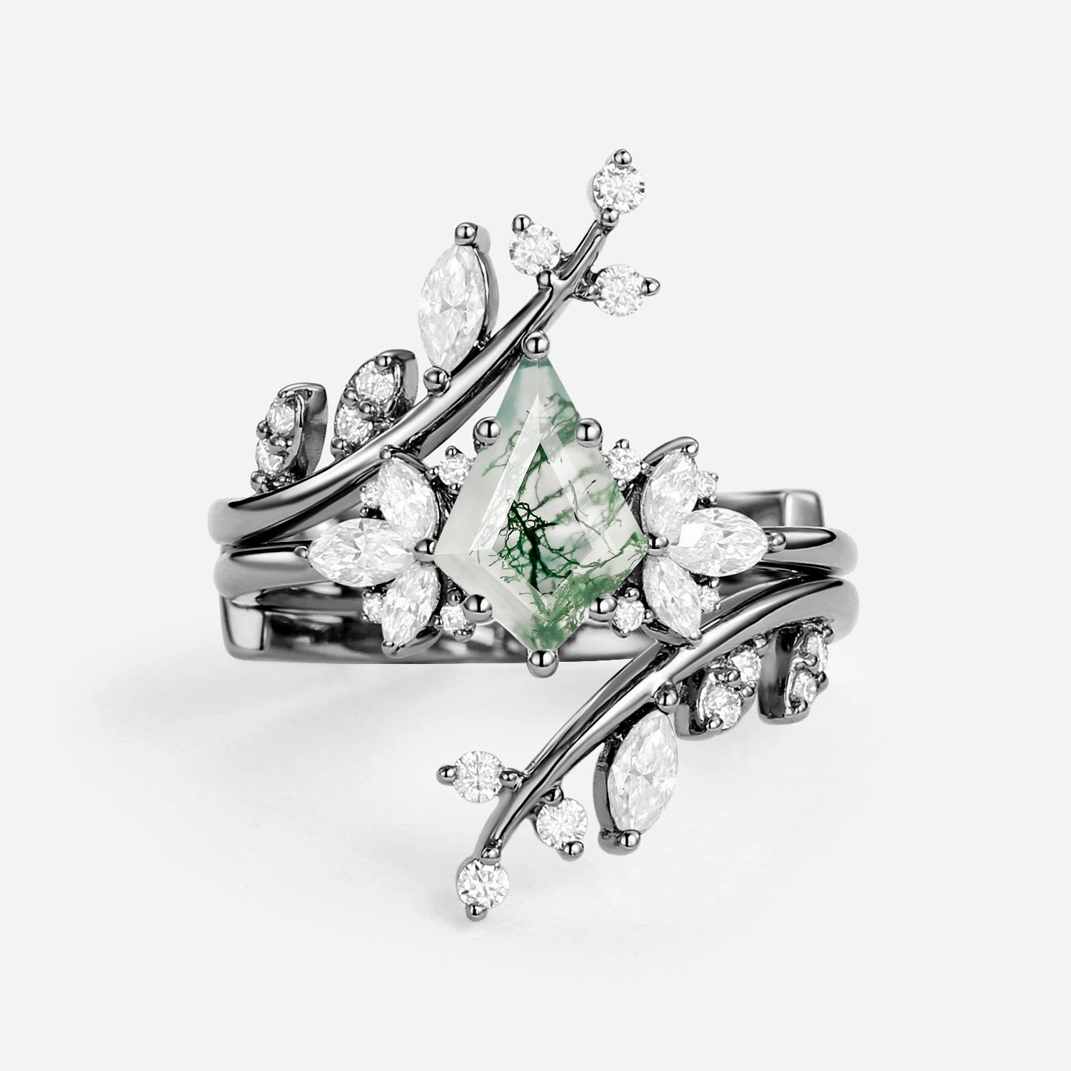 Pure Touch Deluxe Gift Nature Inspired Kite Cut Moss Agate Cage Leafy Ring 2pcs