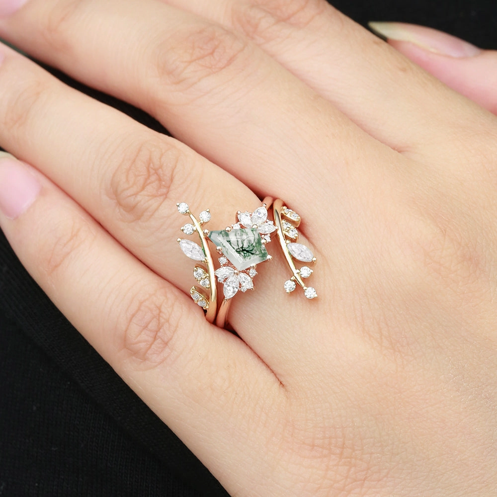 Romantic Fashion Nature Inspired Kite Cut Moss Agate Cage Leafy Ring 2pcs
