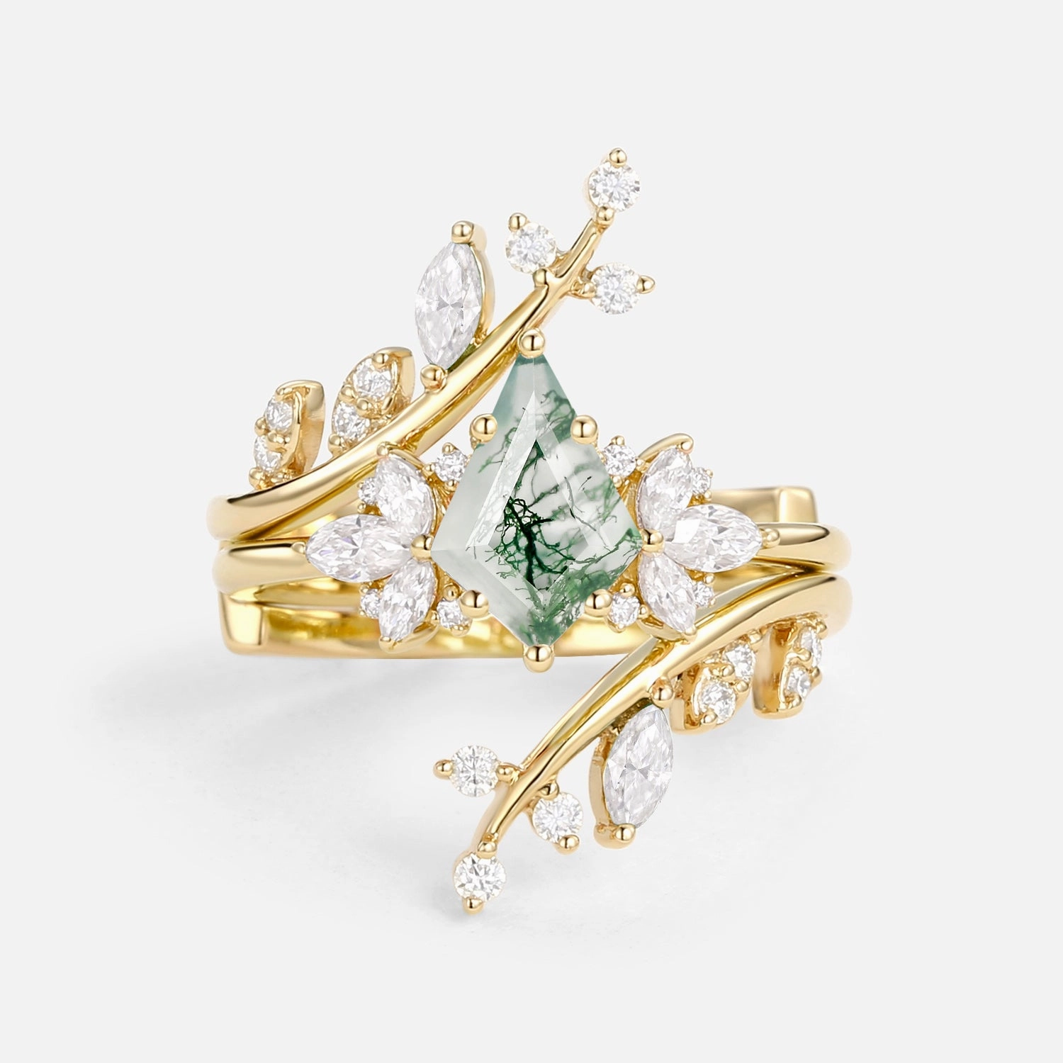 Nature Inspired Kite Cut Moss Agate Cage Leafy Ring 2pcs Timeless Edge