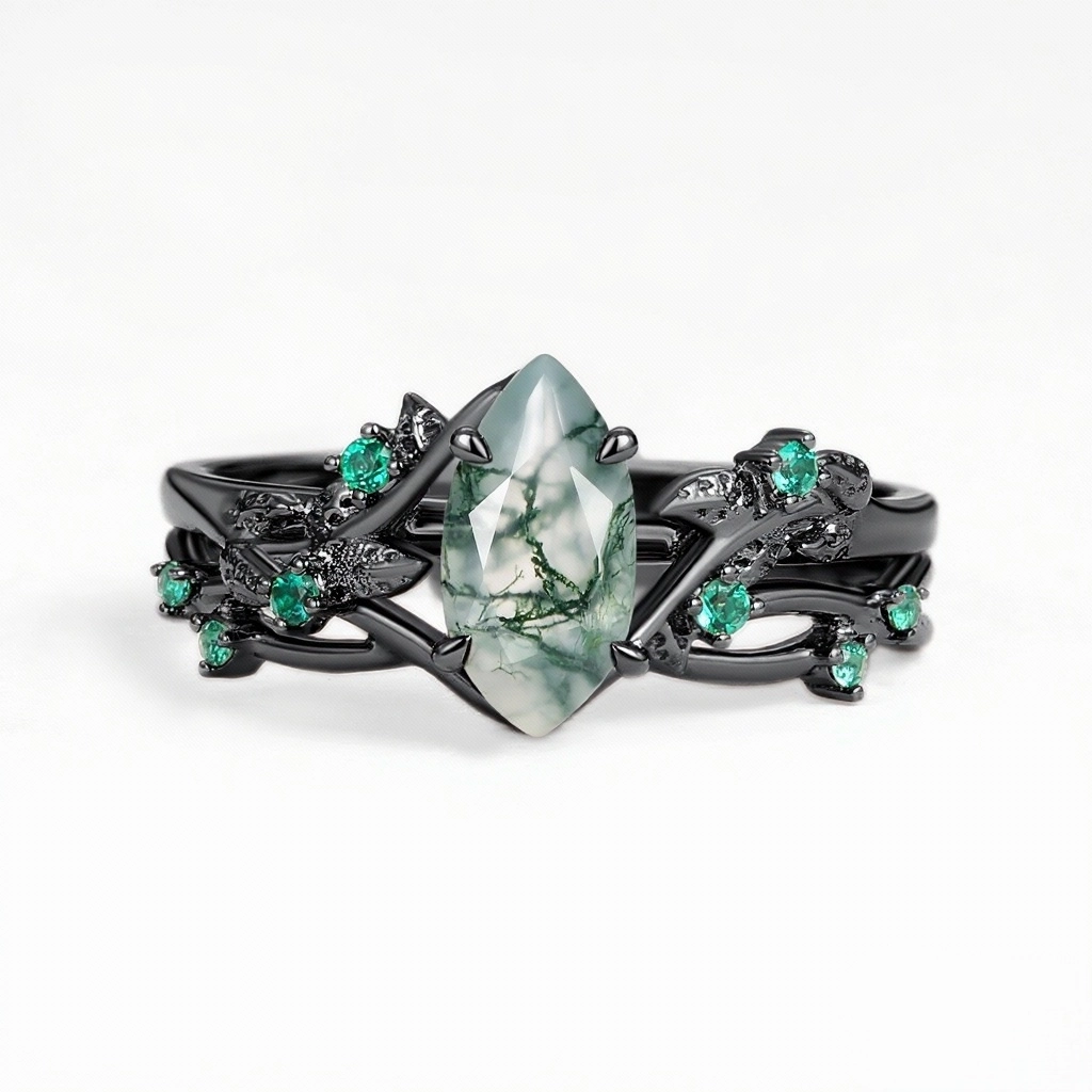 Nature Inspired Moss Agate Vintage Marquise Engagement Ring Set 2pcs - Mossy Travel Ready Effortless Look