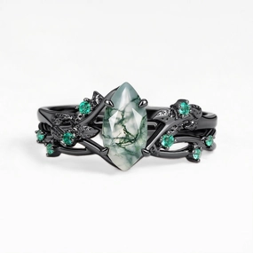 Polished Look Sun Kissed Nature Inspired Moss Agate Vintage Marquise Engagement Ring Set 2pcs - Mossy