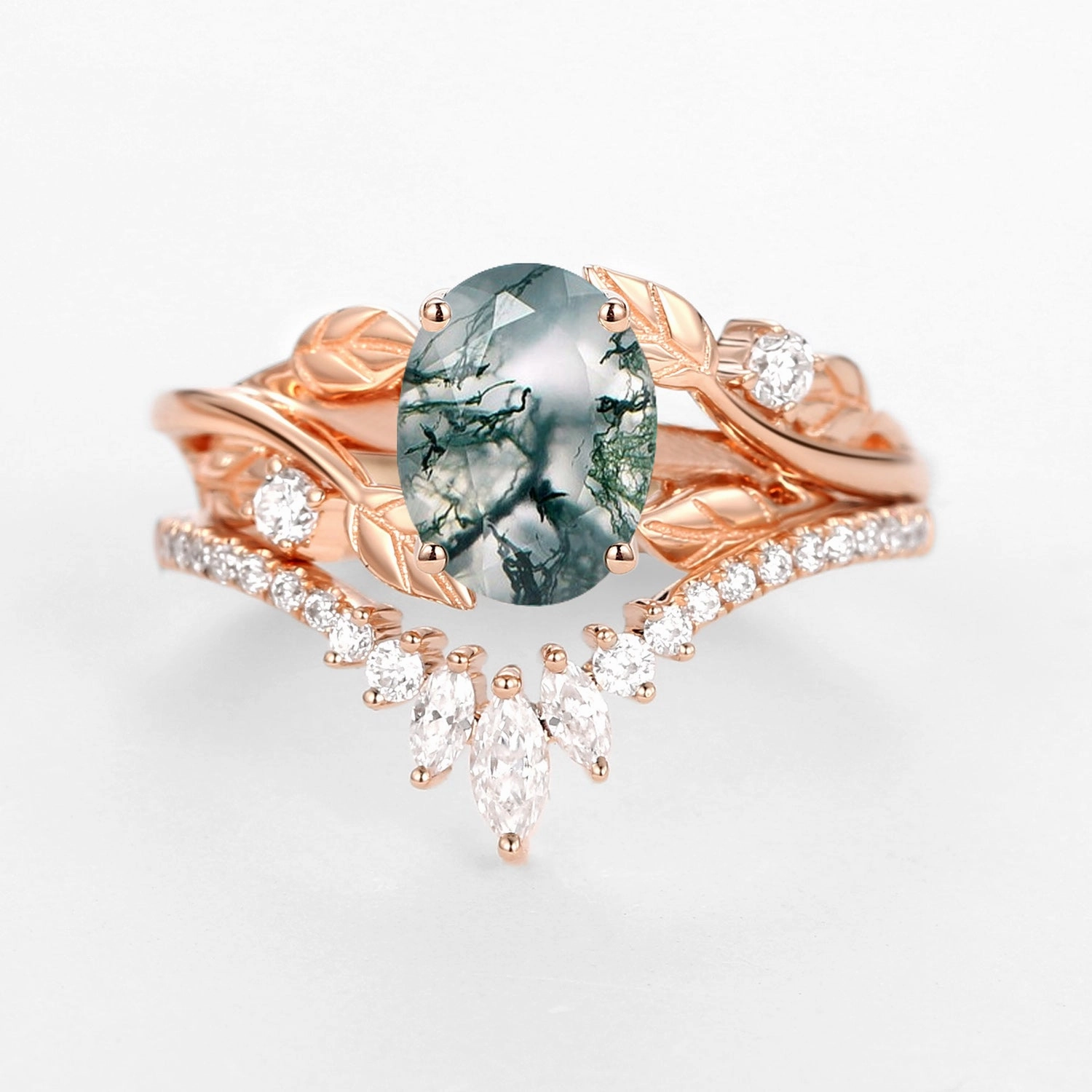 Personal Adornment Polished Present Nature Inspired Oval Cut Big Leafy Moss Agate Ring Set 2pcs