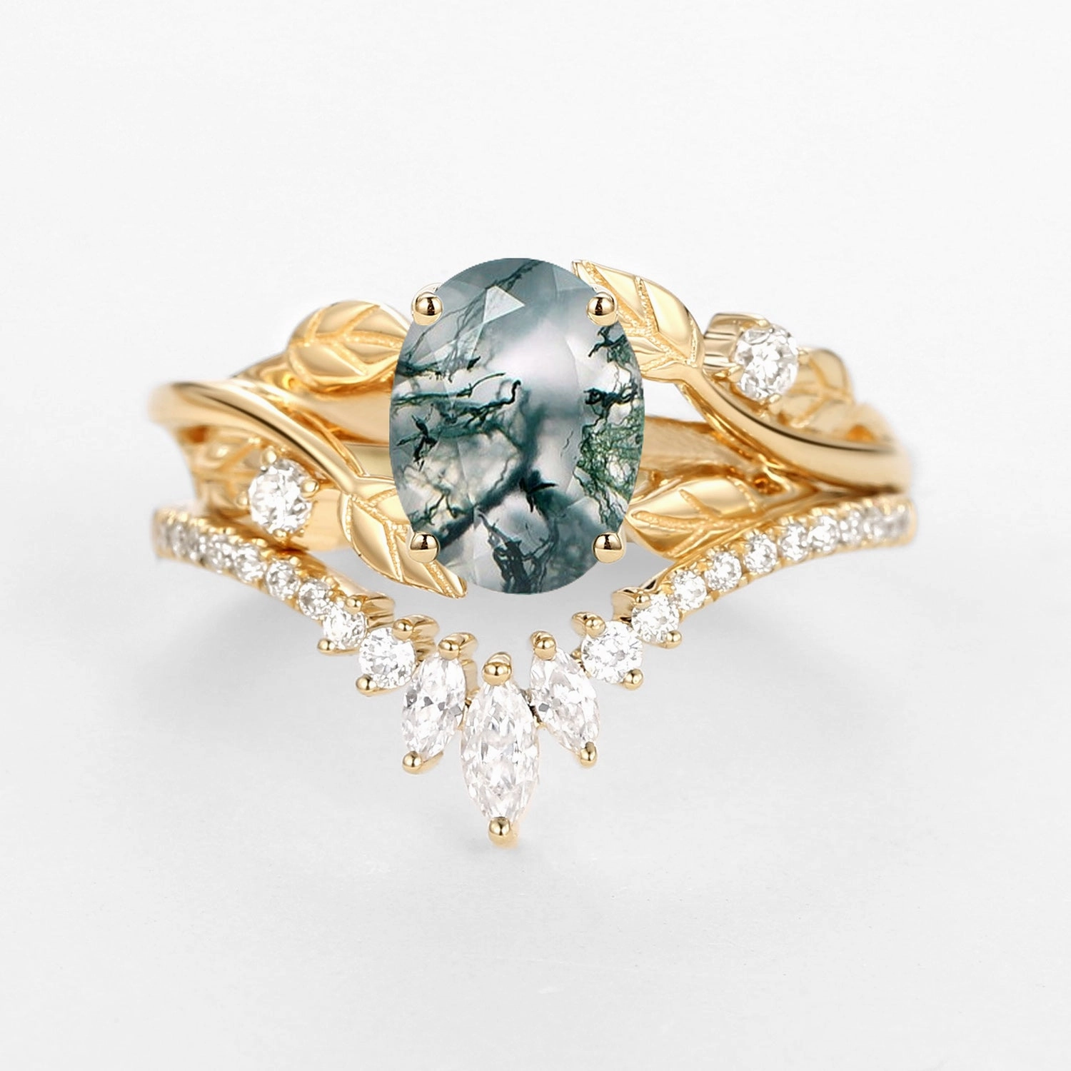 Nature Inspired Oval Cut Big Leafy Moss Agate Ring Set 2pcs Casual Chic Street Fashion