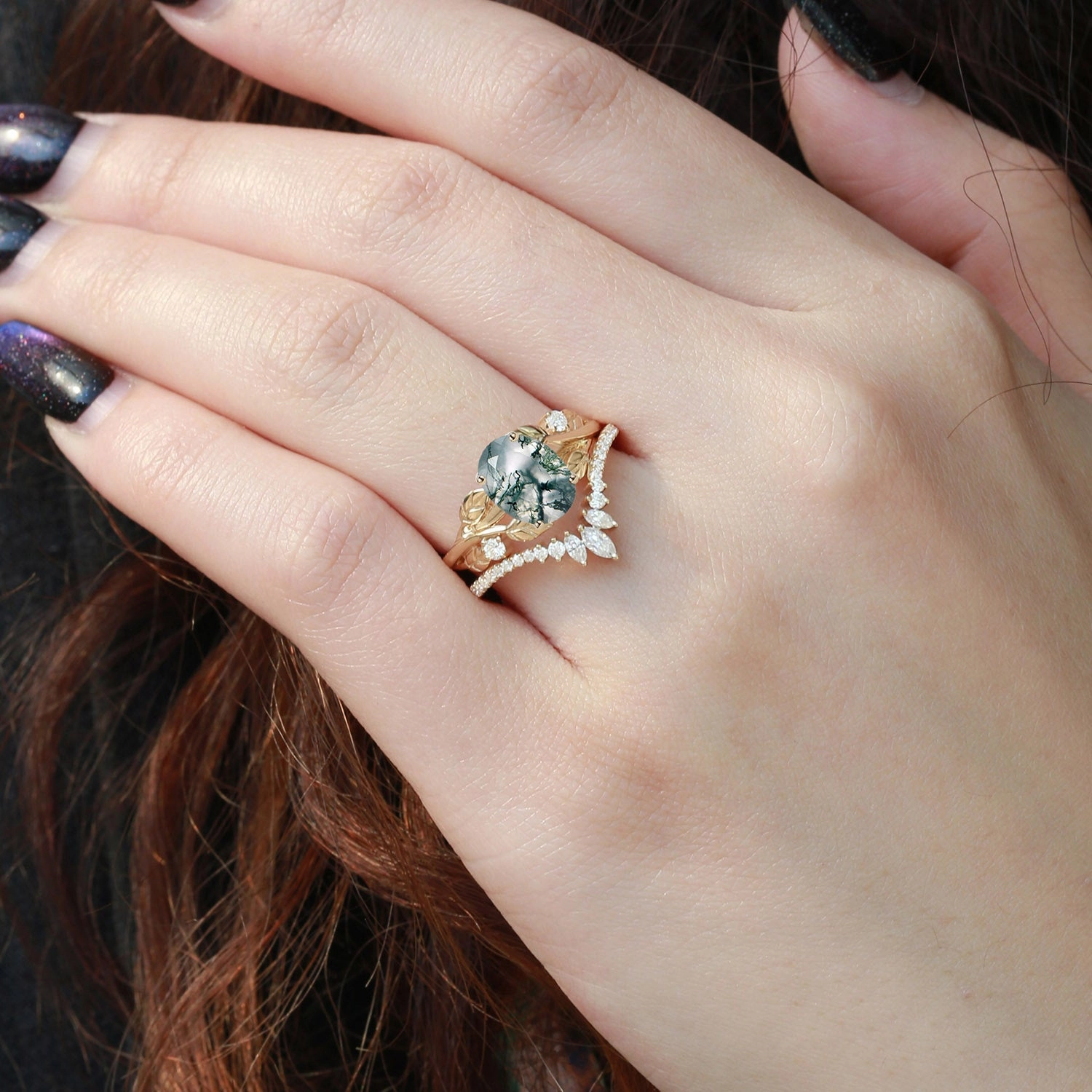 Shiny Jewelry Creative Accent Nature Inspired Oval Cut Big Leafy Moss Agate Ring Set 2pcs