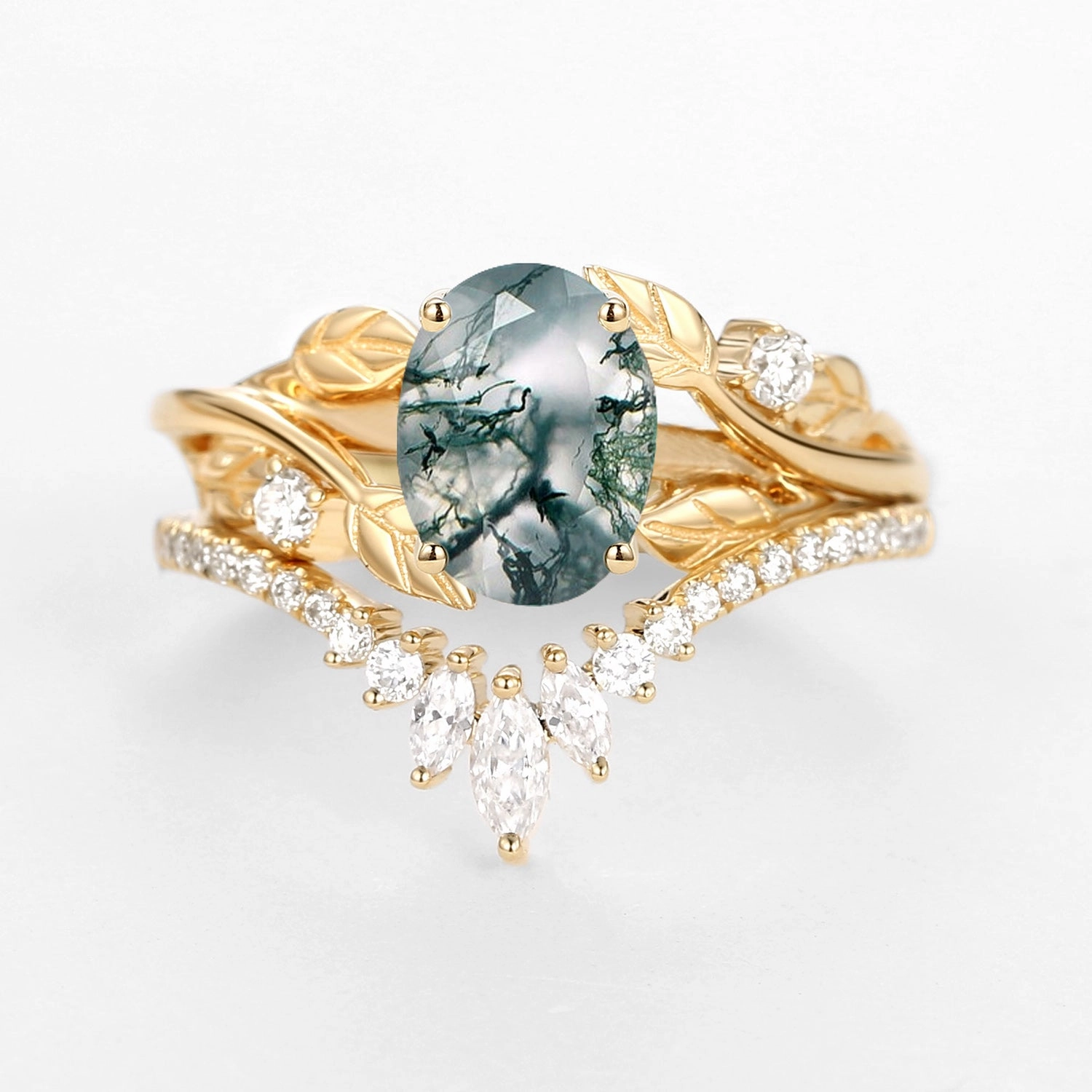 Nature Inspired Oval Cut Big Leafy Moss Agate Ring Set 2pcs Trendy Piece Radiant Spark