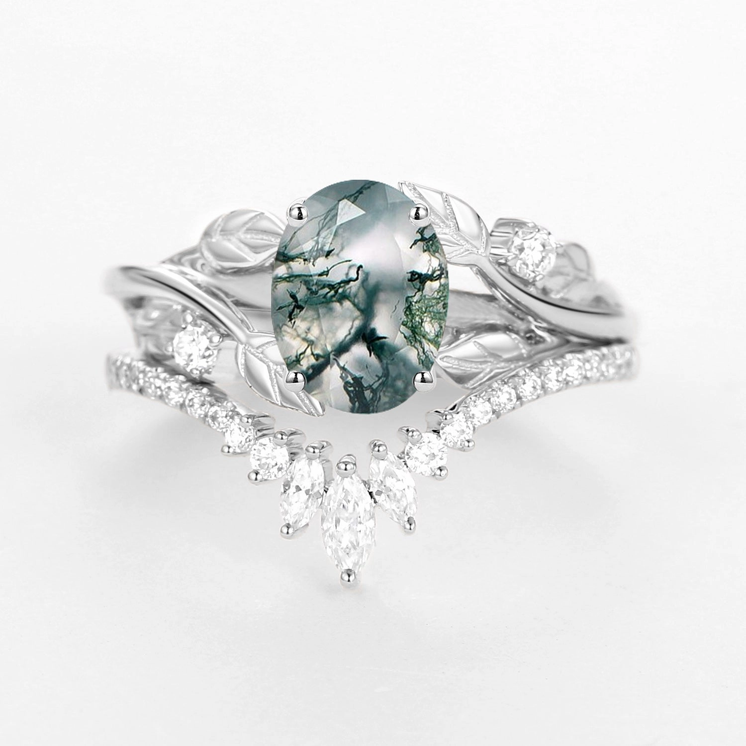 Nature Inspired Oval Cut Big Leafy Moss Agate Ring Set 2pcs Contemporary Classic