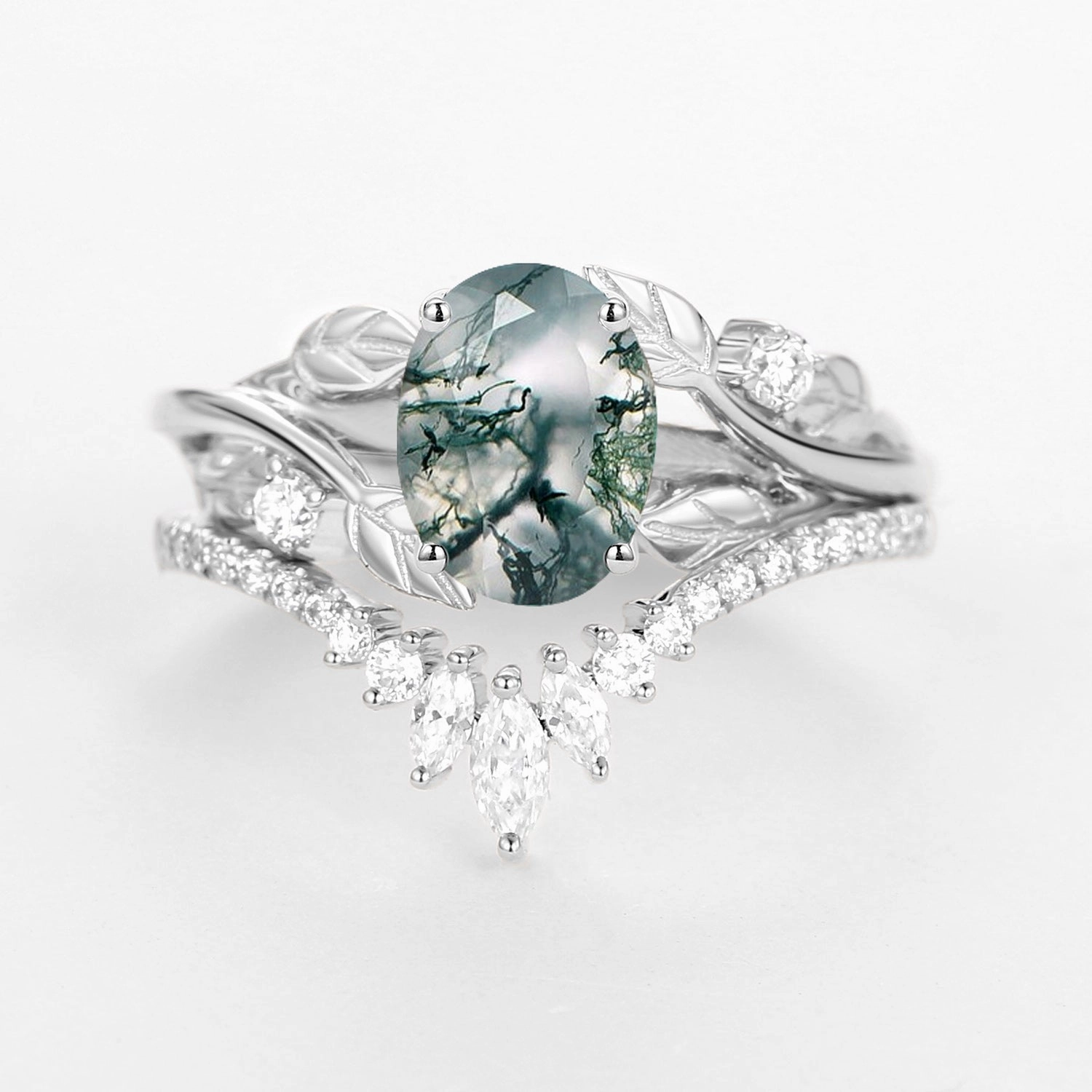 Nature Inspired Oval Cut Big Leafy Moss Agate Ring Set 2pcs Allure Touch