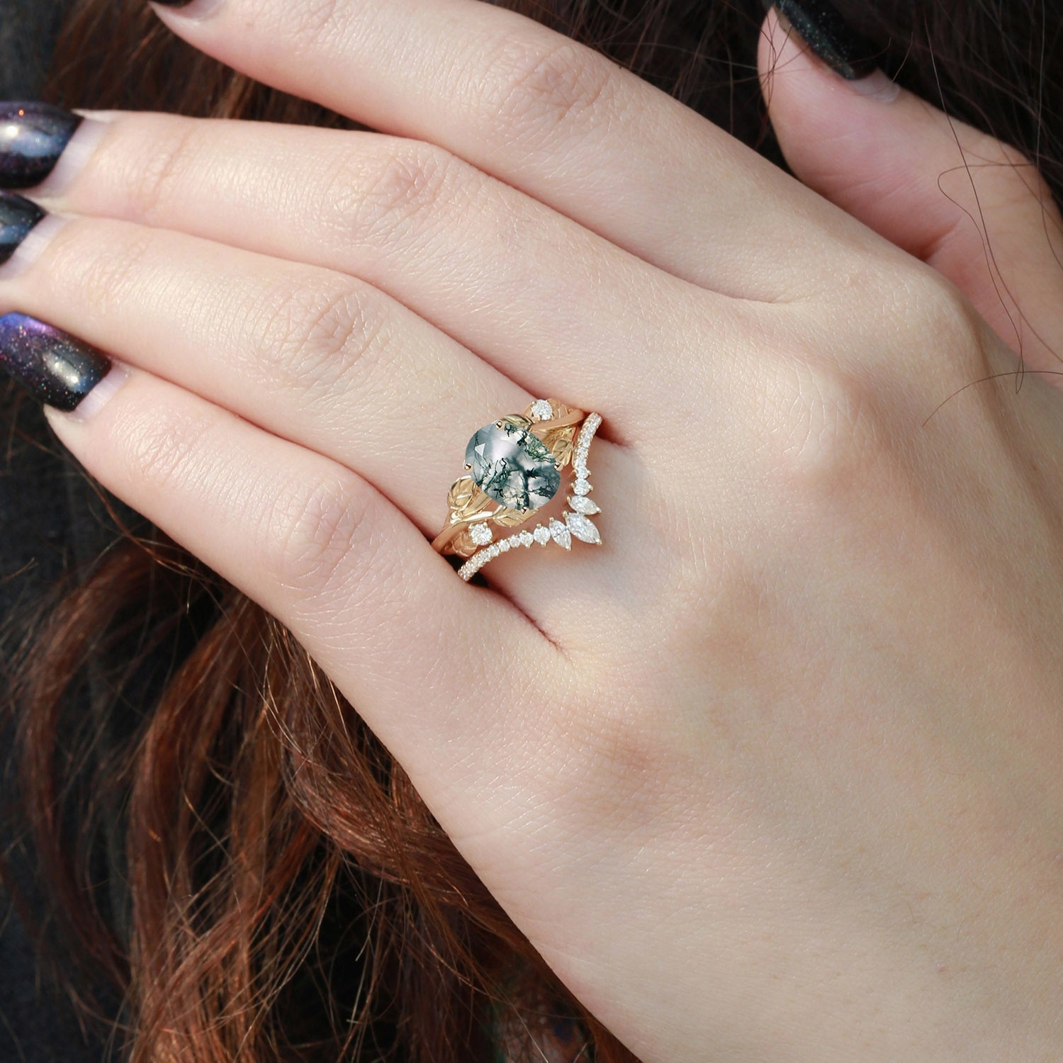 Subdued Sparkle Nature Inspired Oval Cut Big Leafy Moss Agate Ring Set 2pcs