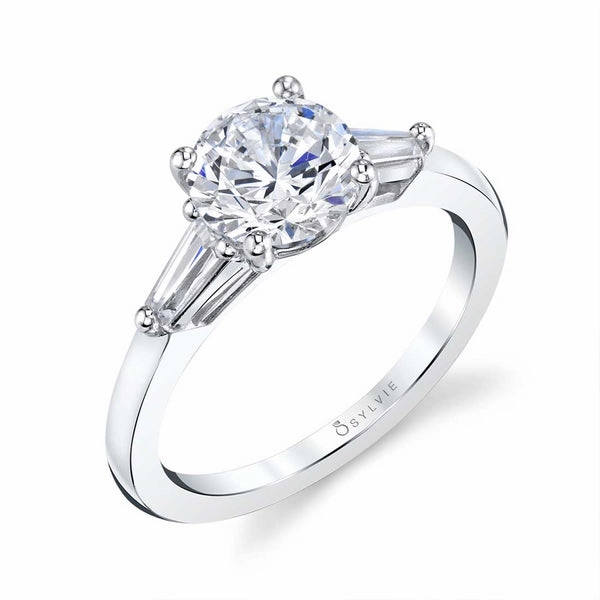 Special Celebration Nicolette Round Three Stone Engagement Ring with Baguettes