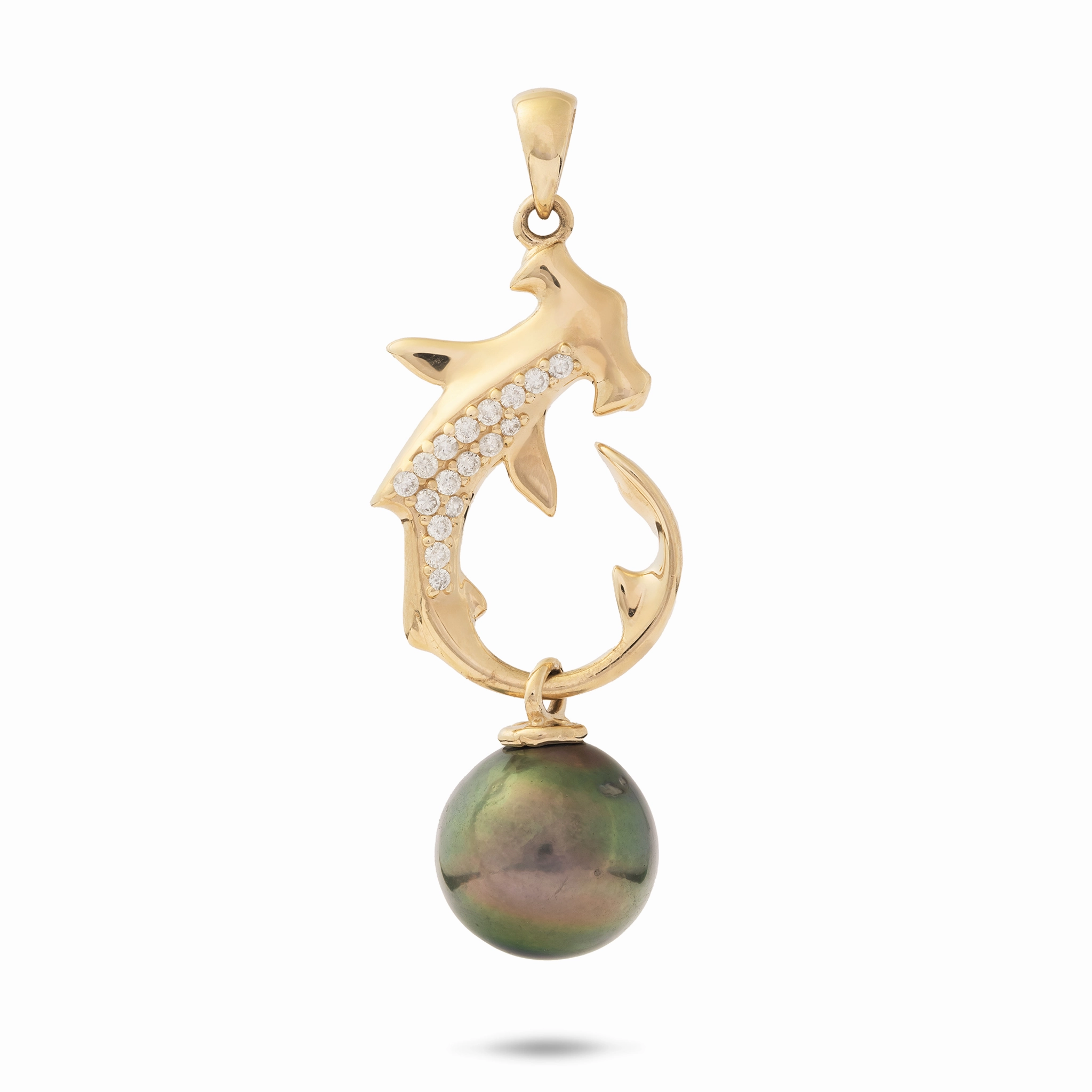 Evening Look Radiant Gems Ocean Dance Hammerhead Shark Tahitian Black Pearl Pendant in Gold with Diamonds