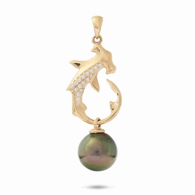 Editorial Look Ocean Dance Hammerhead Shark Tahitian Black Pearl Pendant in Gold with Diamonds