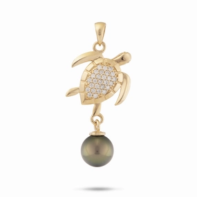Finest Highlight Ocean Dance Honu (Sea Turtle) Tahitian Black Pearl Pendant in Gold with Diamonds - 9-10mm