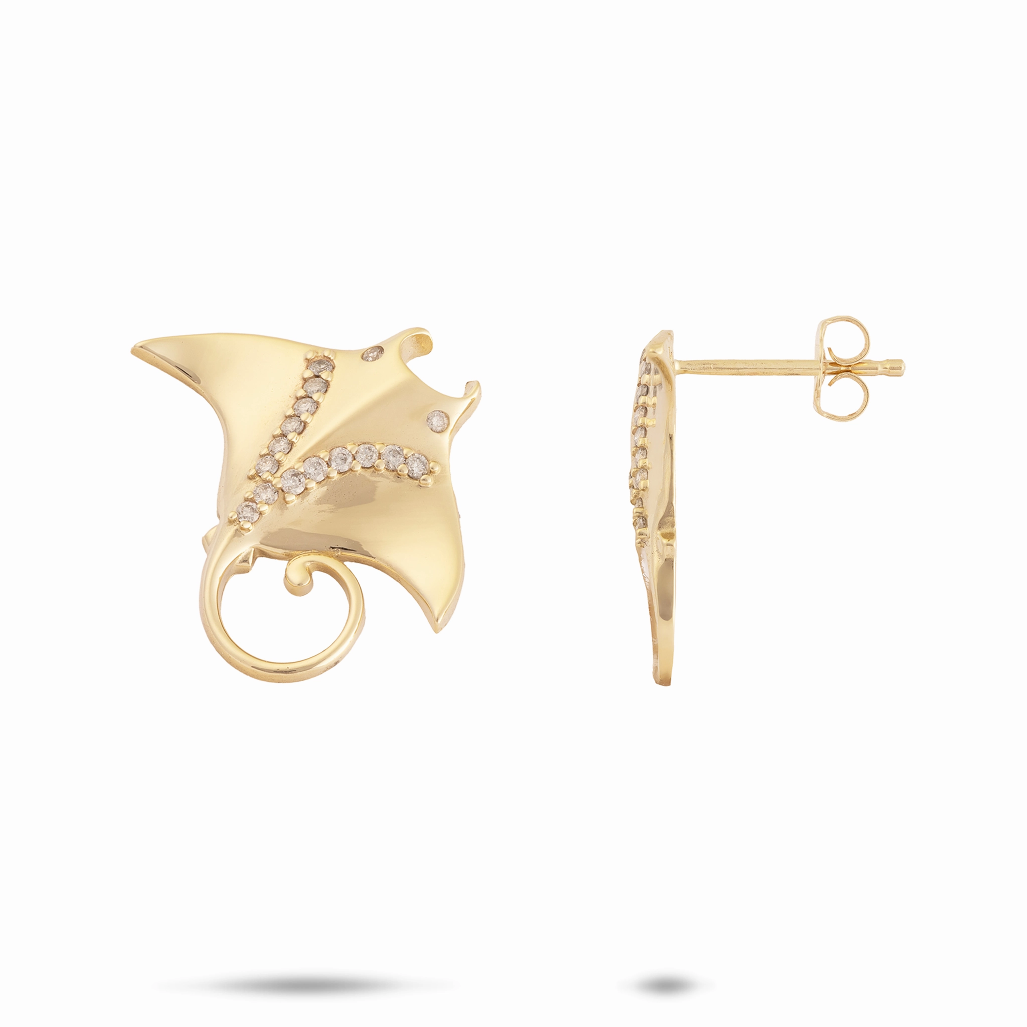 Ocean Dance Manta Ray Earrings in Gold with Diamonds - 19mm High Shine Elegant Spark
