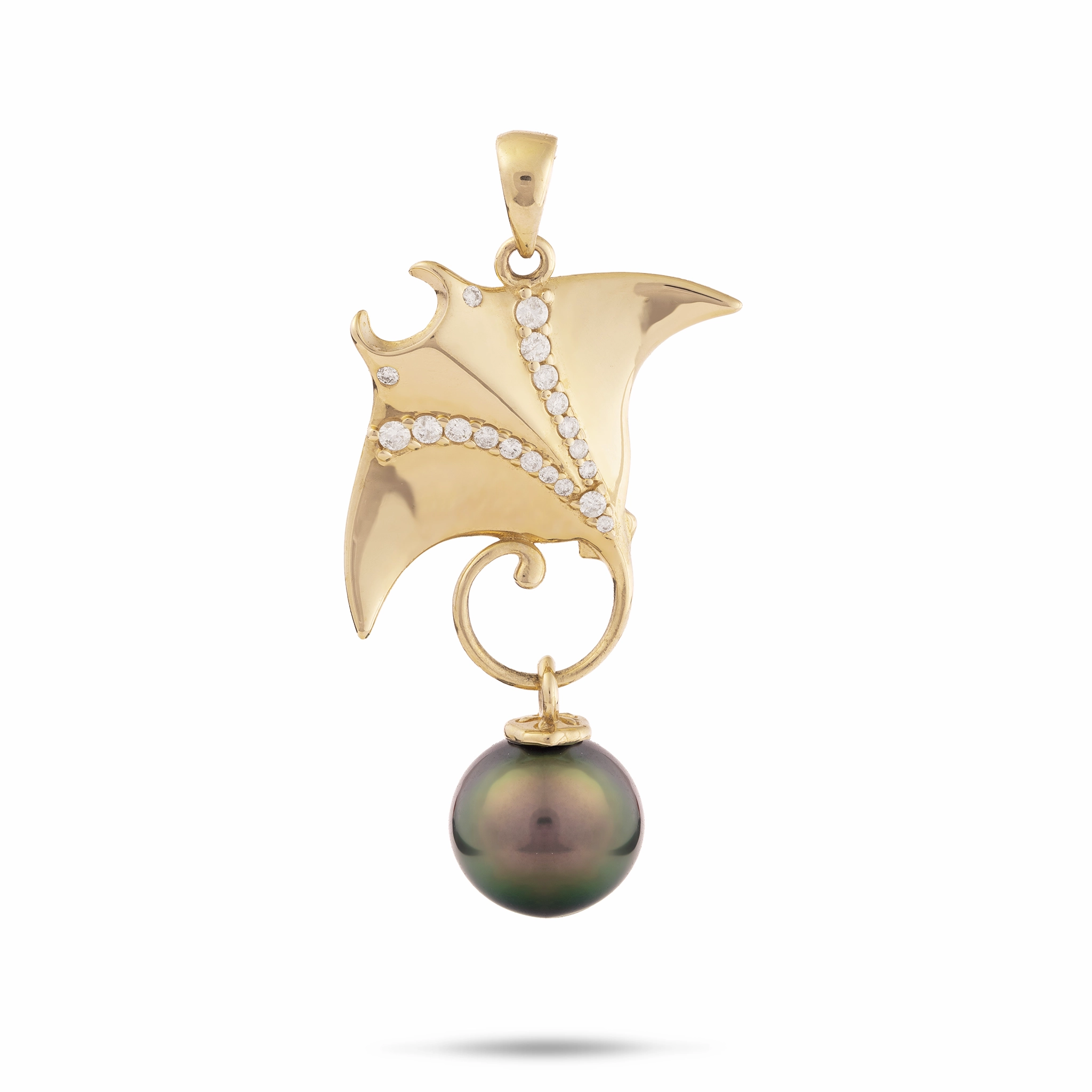 Textured Accent handmade touch Ocean Dance Manta Ray Tahitian Black Pearl Pendant in Gold with Diamonds - 9-10mm