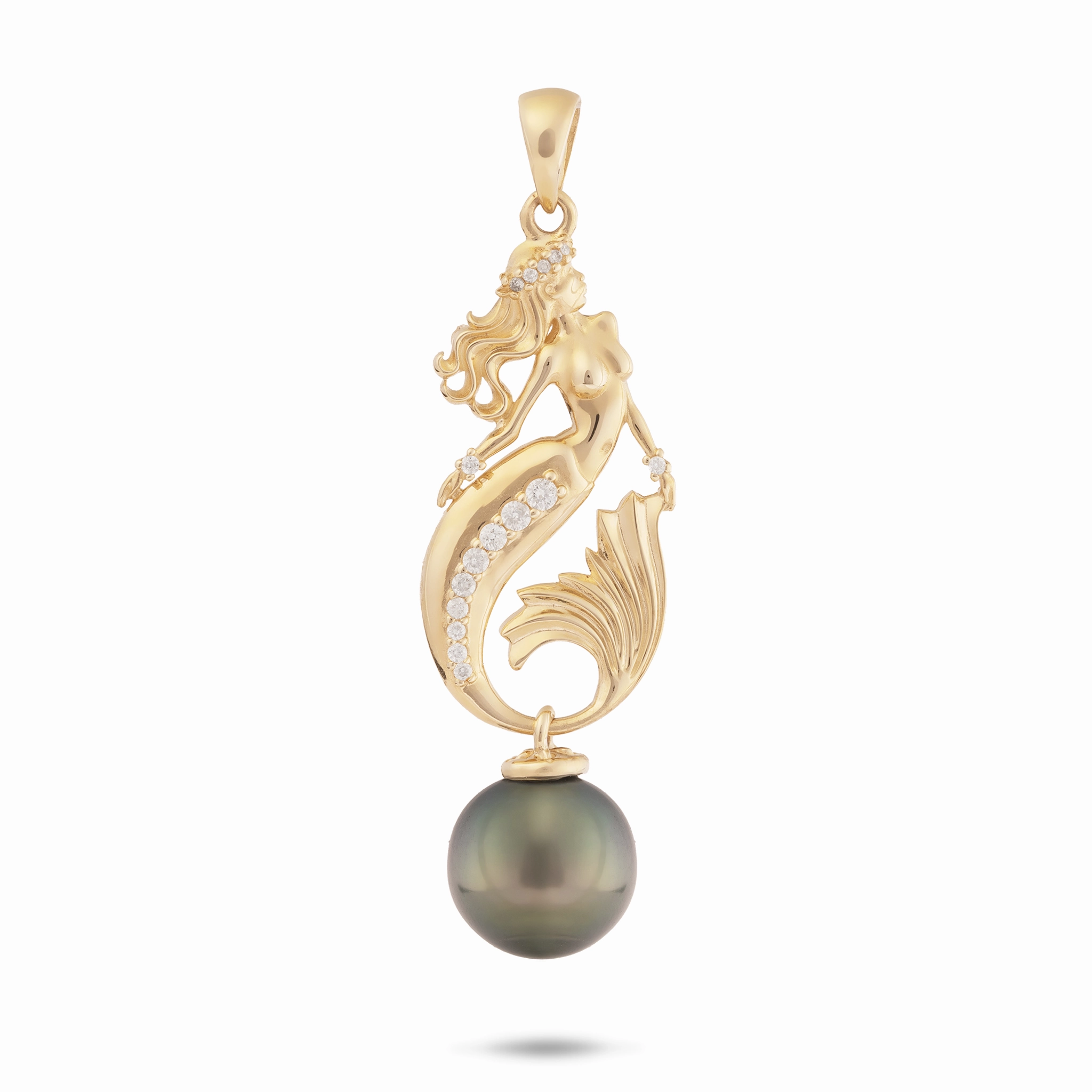 Ocean Dance Mermaid Tahitian Black Pearl Pendant in Gold with Diamonds - 9-10mm Crisp Shine