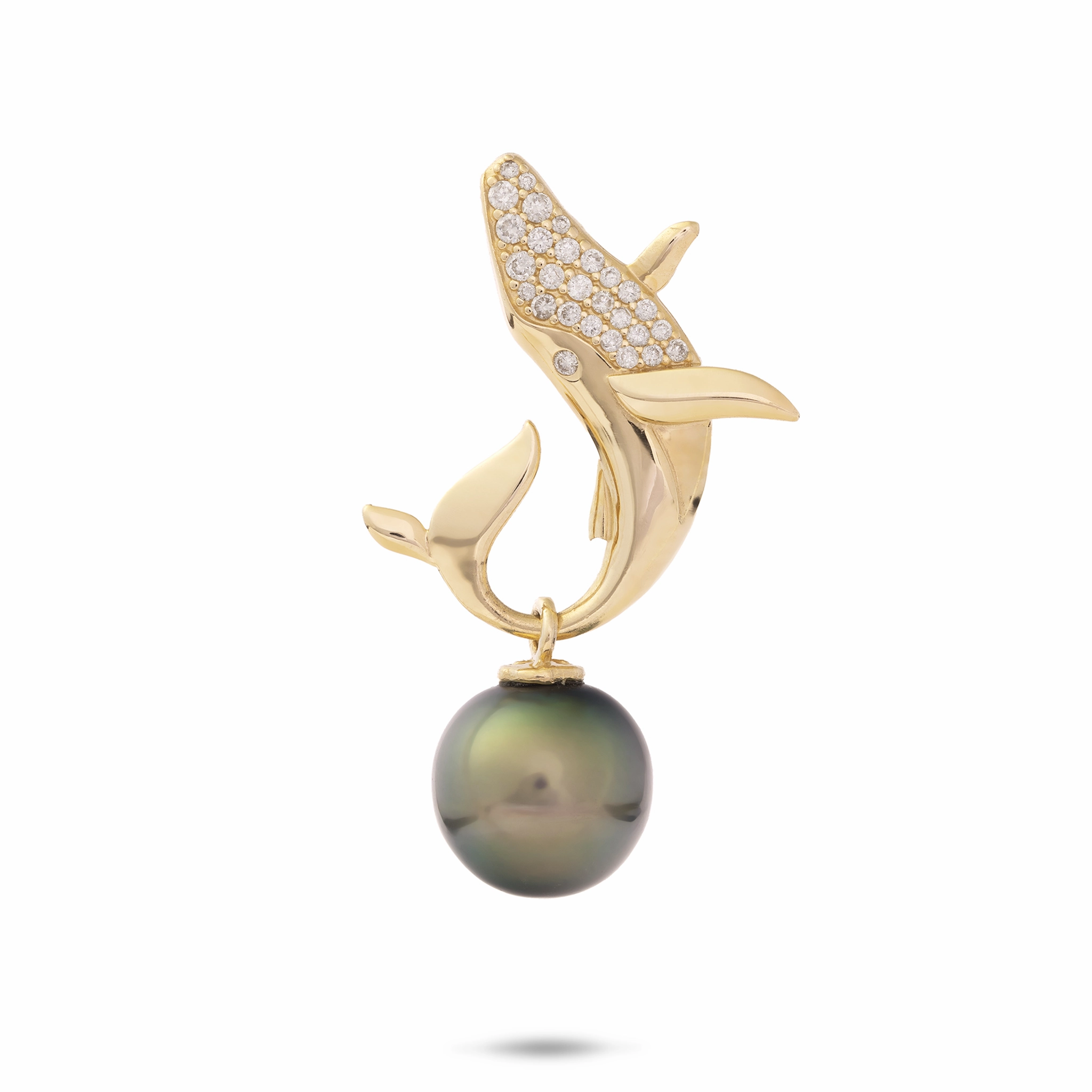 Ocean Dance Whale Tahitian Black Pearl Pendant in Gold with Diamonds - 9-10mm Graceful Accent