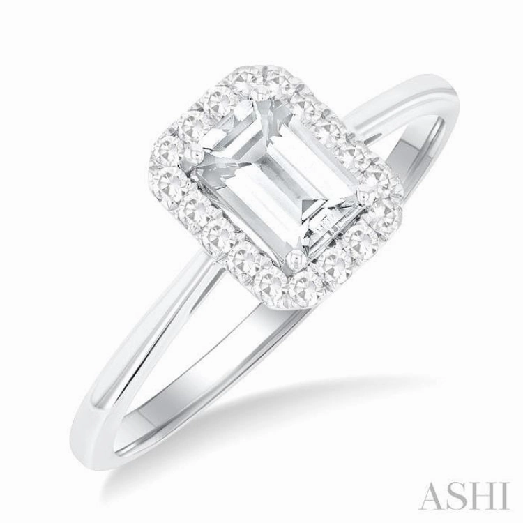 Perfect Accent 6x4 MM Octagonal Shape White Topaz and 1/6 Ctw Round Cut Diamond Halo Semi-Precious Ring in 14K White Gold