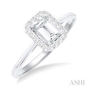 Perfect Accent 6x4 MM Octagonal Shape White Topaz and 1/6 Ctw Round Cut Diamond Halo Semi-Precious Ring in 14K White Gold