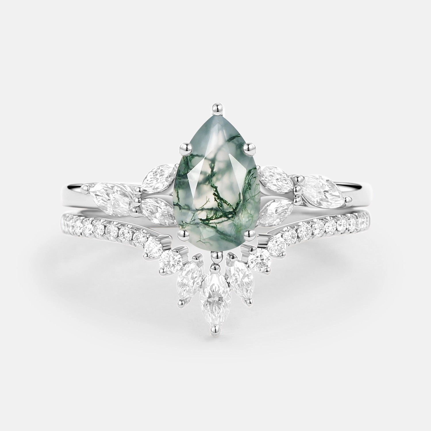 Soft Radiance Pear Cut Moss Agate White Gold Engagement Ring Set 2pcs - July